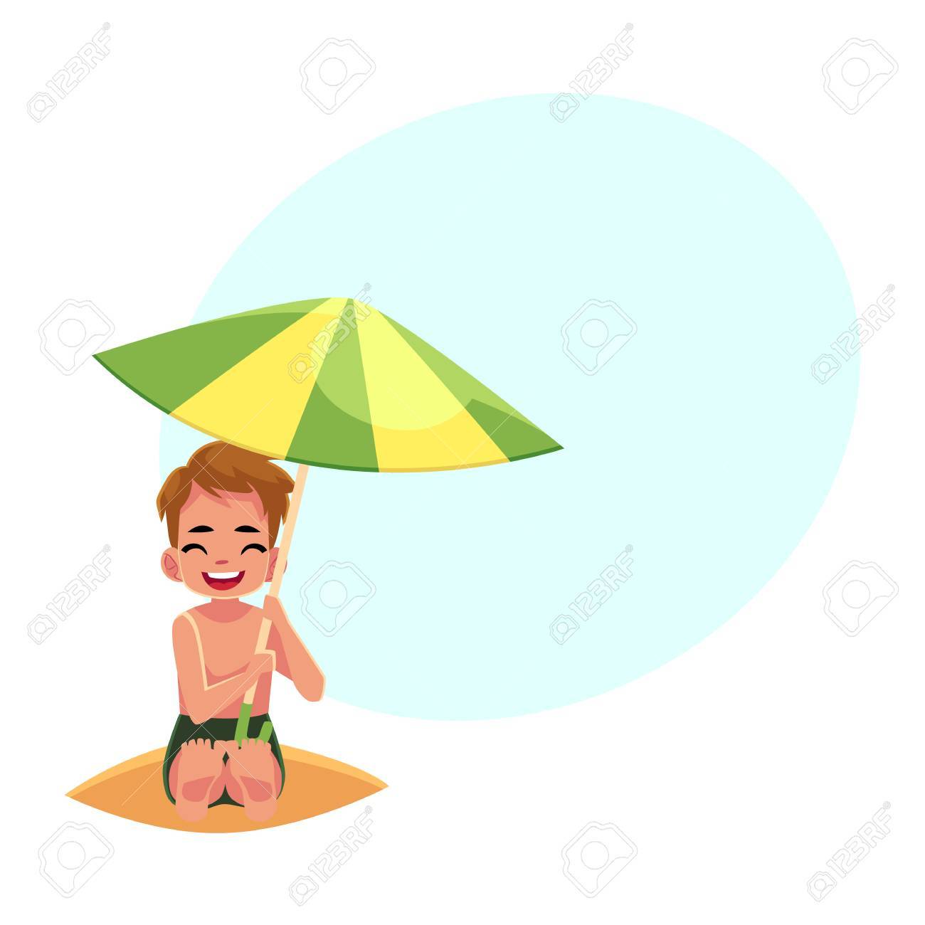 Heureux Petit Garçon Se Cachant Du Soleil Sous Le Grand Parasol Illustration De Vecteur De Dessin Animé Avec Un Espace Pour Le Texte Petit Garçon