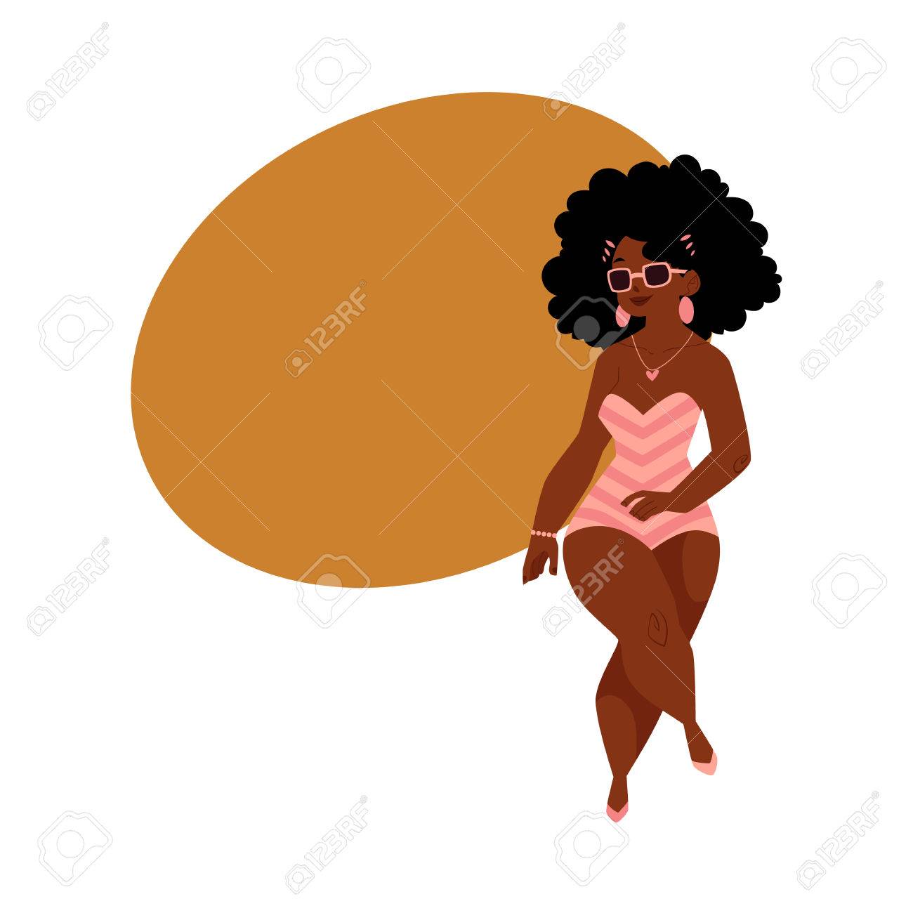Hubsche Schwarze Afrikanische Amerikanische Plump Kurvenreiche Frau Madchen In Badeanzug Ansicht Von Oben Karikatur Vektor Illustration Mit Platz Fur Text Draufsicht Portrat Von Schwarzen Molligen Frau Im Badeanzug Lizenzfreie Fotos Bilder Und Stock