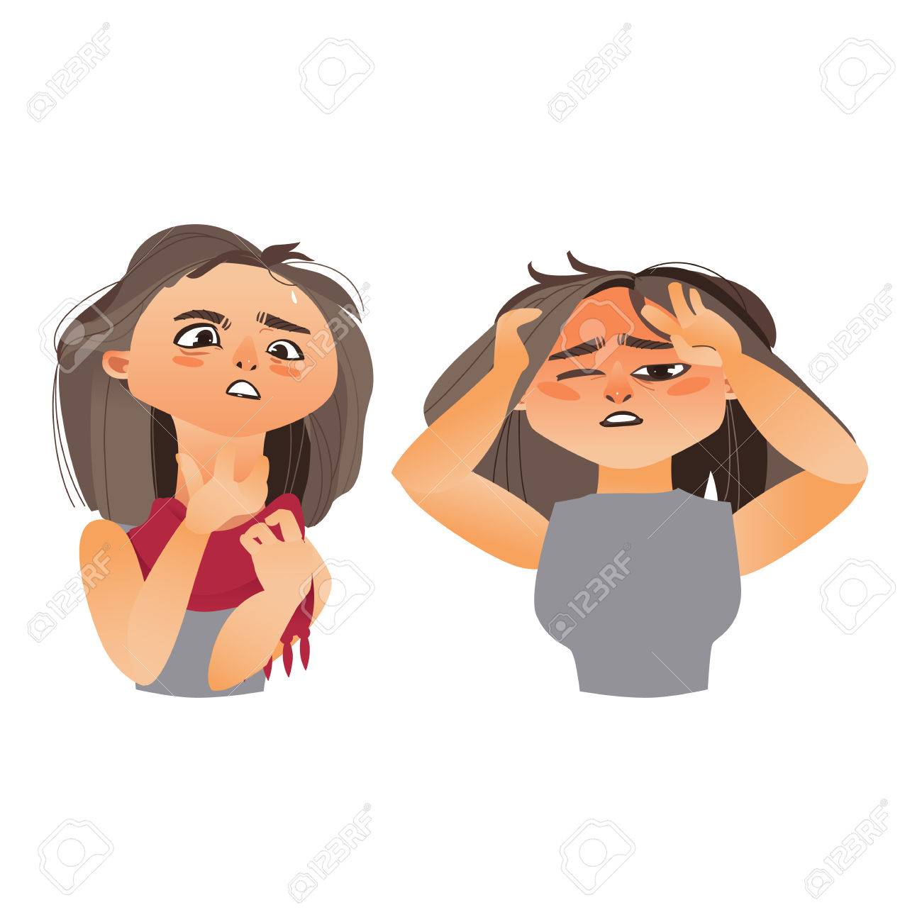 woman having flu symptoms headache and sore throat cartoon