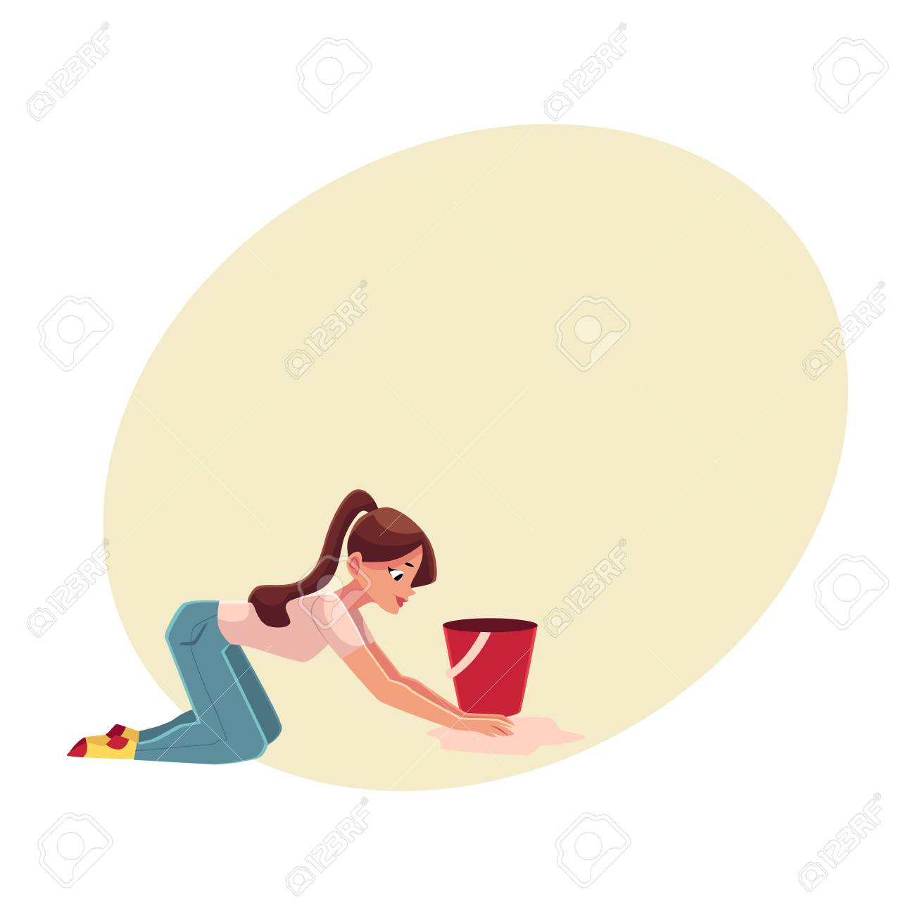 かなり若い女性 主婦 手で床を洗浄は テキスト用のスペース ベクトル図を漫画 家の掃除します 女性 女の子洗浄床 家事の完全な長さの肖像画 の写真素材 画像素材 Image