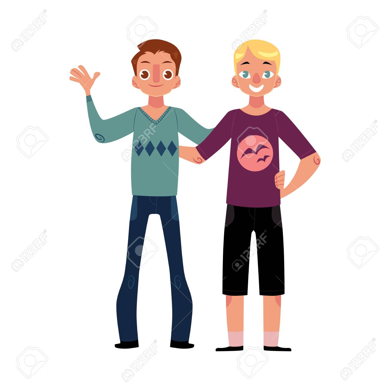 男の友情 二人の少年 男性 友人 お互いを抱いて手を振って 白い背景で隔離の漫画ベクトル図です 男の子 男性は 立って 友人の正面肖像お互いをハグ の写真素材 画像素材 Image 8025