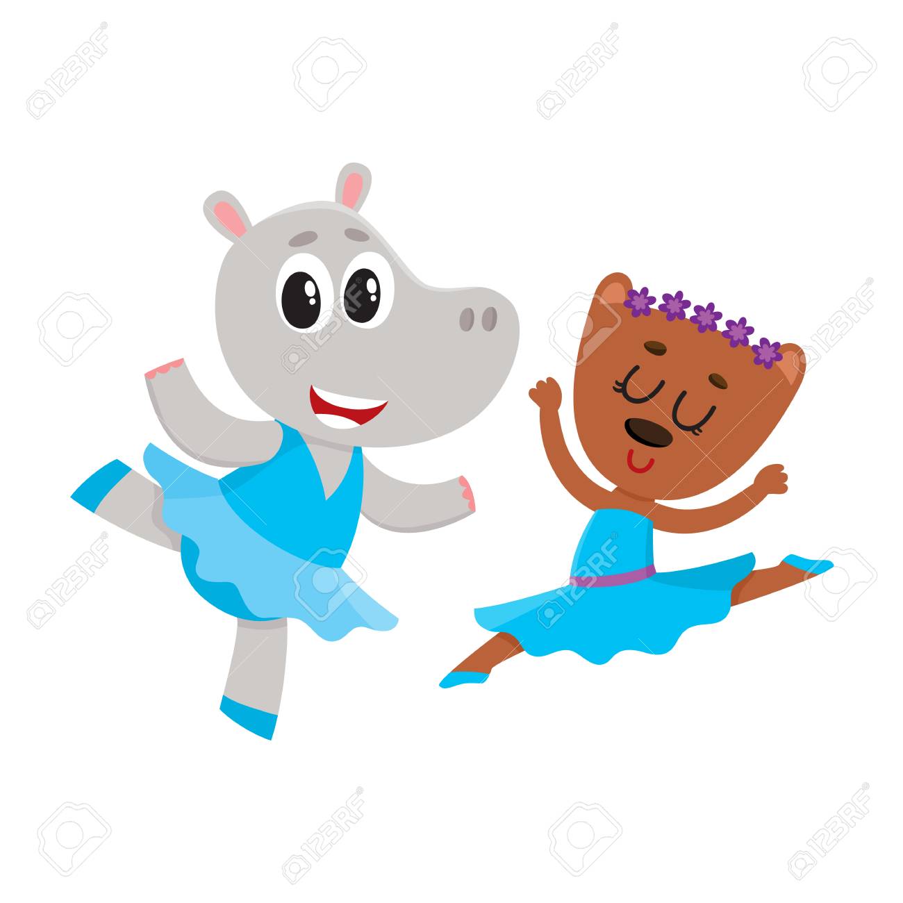 かわいいカバとクマの子犬と子猫キャラクター 一緒にバレエを踊って漫画 白い背景で隔離のベクトル図です リトルベアーとカバのバレエ ダンサー バレリーナのイラスト素材 ベクタ Image