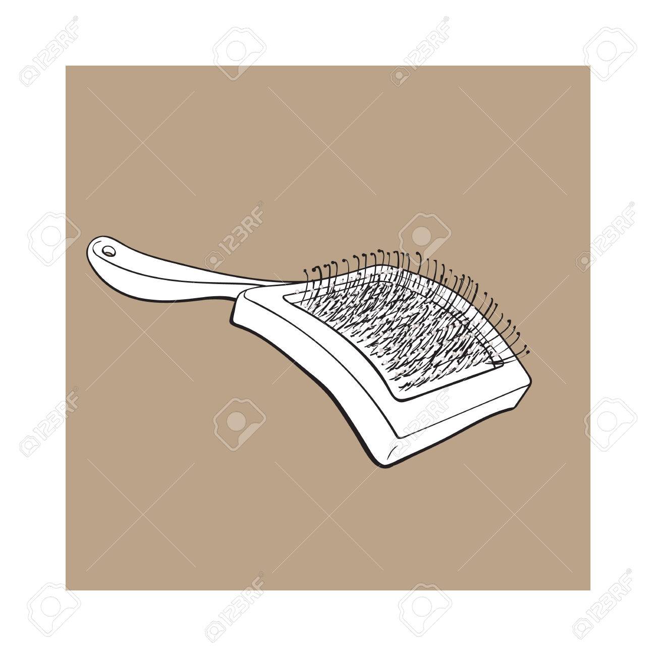 Pet Chat Brosse à Cheveux Chien Accessoire De Toilettage Illustration De Vecteur De Style Croquis Noir Et Blanc Isolé Sur Fond Marron