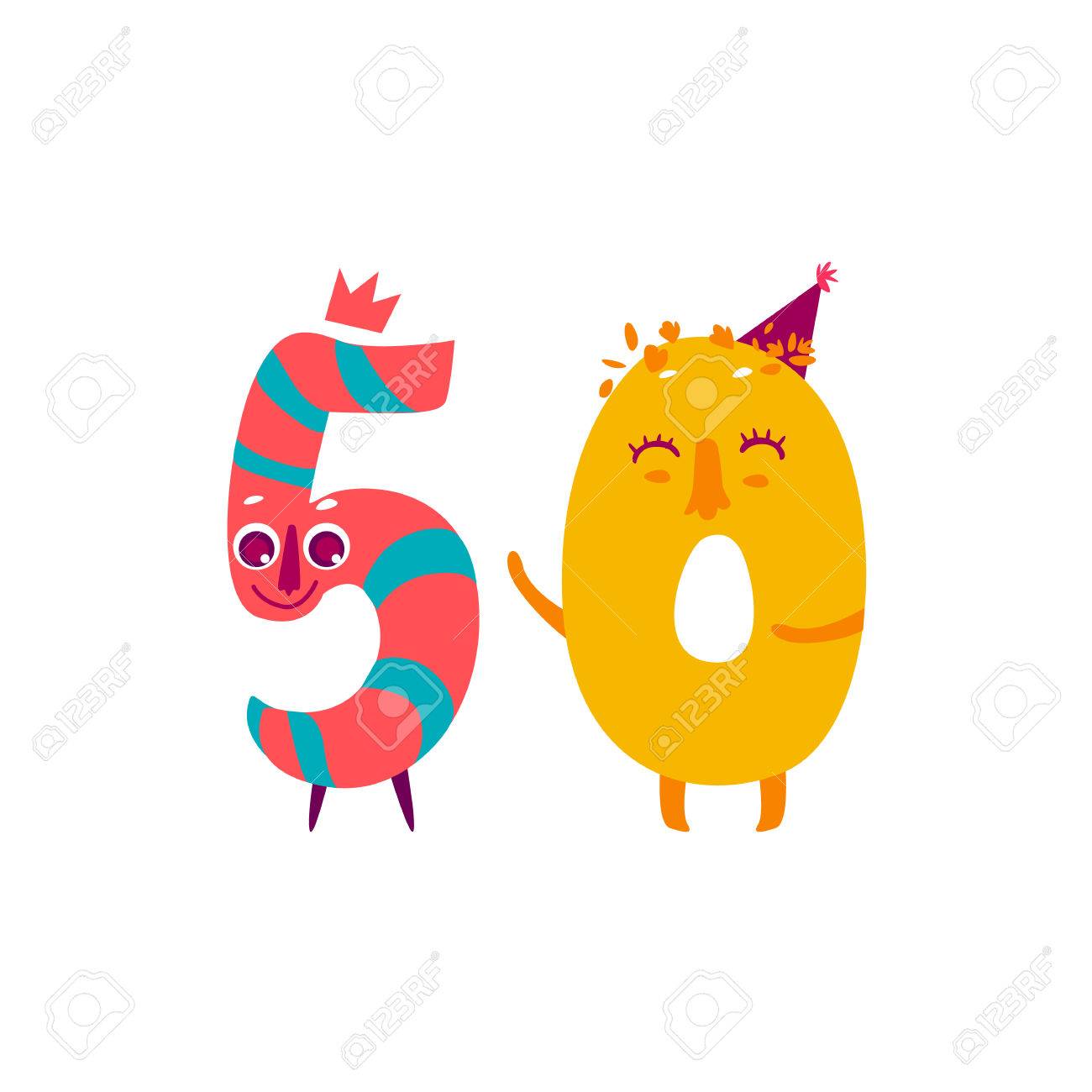 かわいい Animallike キャラクター数 50 50 のベクター 白い背景の上フラット漫画イラスト 誕生日 新年装飾的な数字です 数学教育のシンボルの色おかしい笑顔 のイラスト素材 ベクタ Image 3462