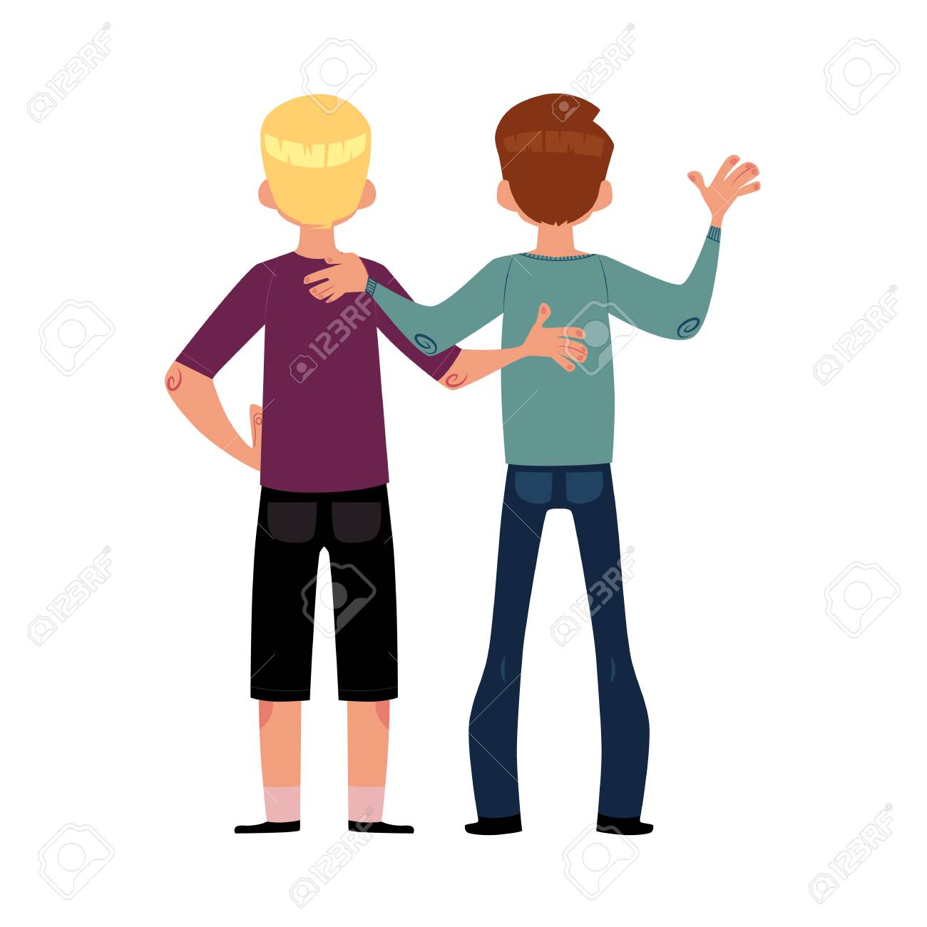 男の友情 二人の少年 男性 友人 お互いを抱いて手を振って 白い背景で隔離の漫画ベクトル図です 男の子 男性は 立って 友人の背面縦抱き合っのイラスト素材 ベクタ Image
