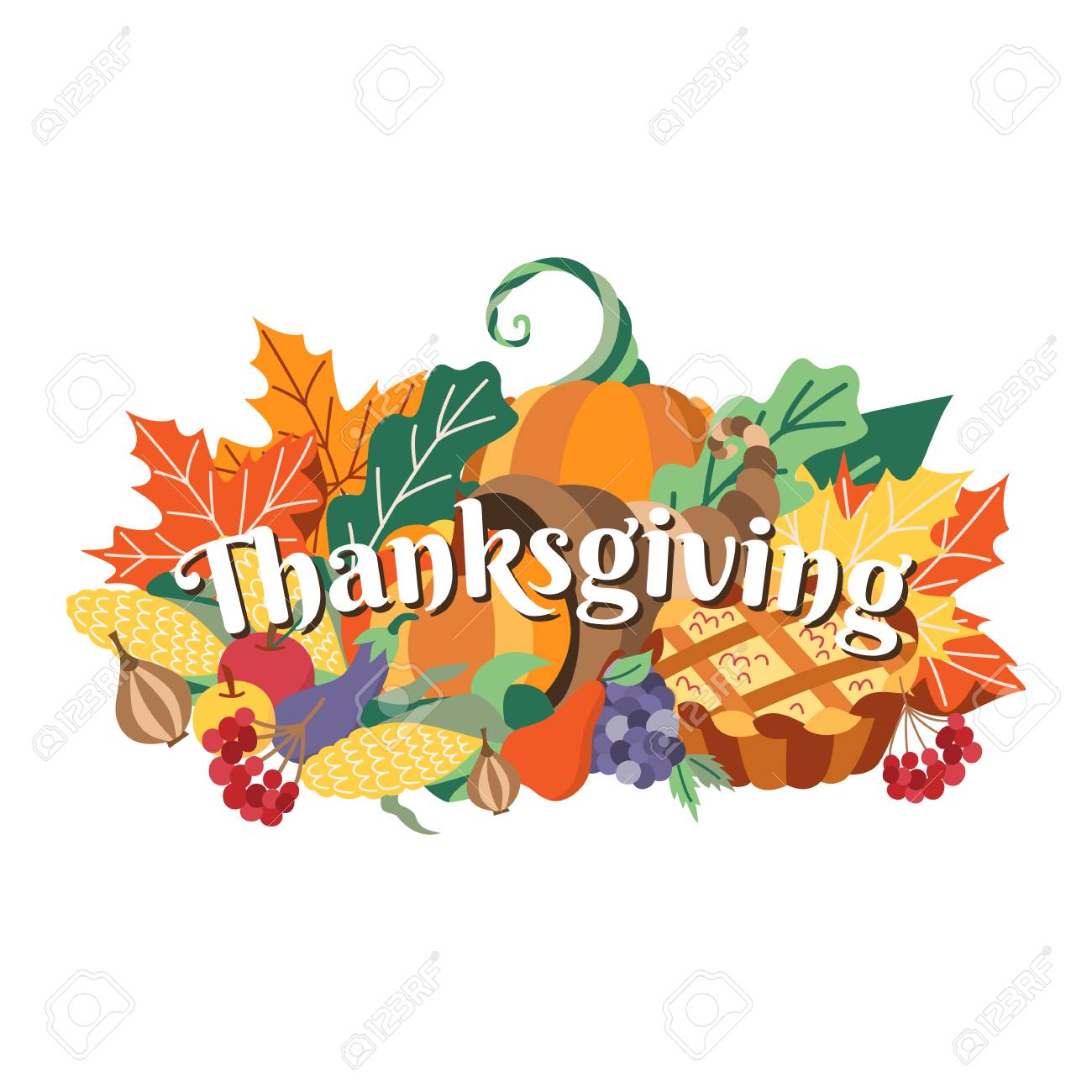 group of thanksgiving symbols food decoration elements horn