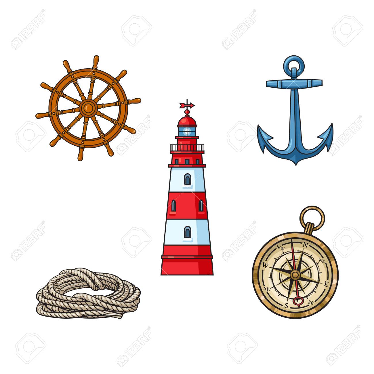 Conjunto De Objetos Nauticos Faro Ancla Compas Cuerda Y