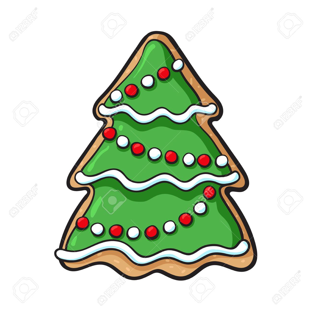 Glazed Homemade Christmas Tree Gingerbread Cookie, Sketch Style 