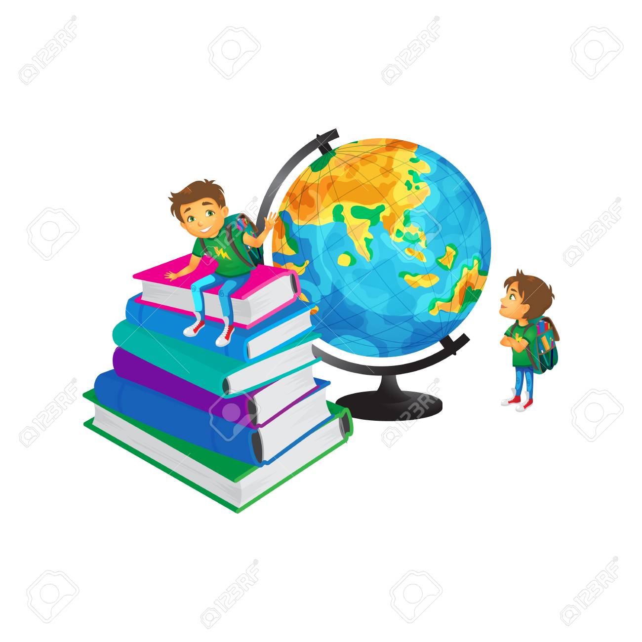 ベクトル漫画小さな男子生徒の通学かばんを着て大きな世界の地理を勉強を見て 大きな本の山で別の少年が座っています 白い背景の上の隔離されたフラット イラスト 学校コンセプトに戻るのイラスト素材 ベクタ Image