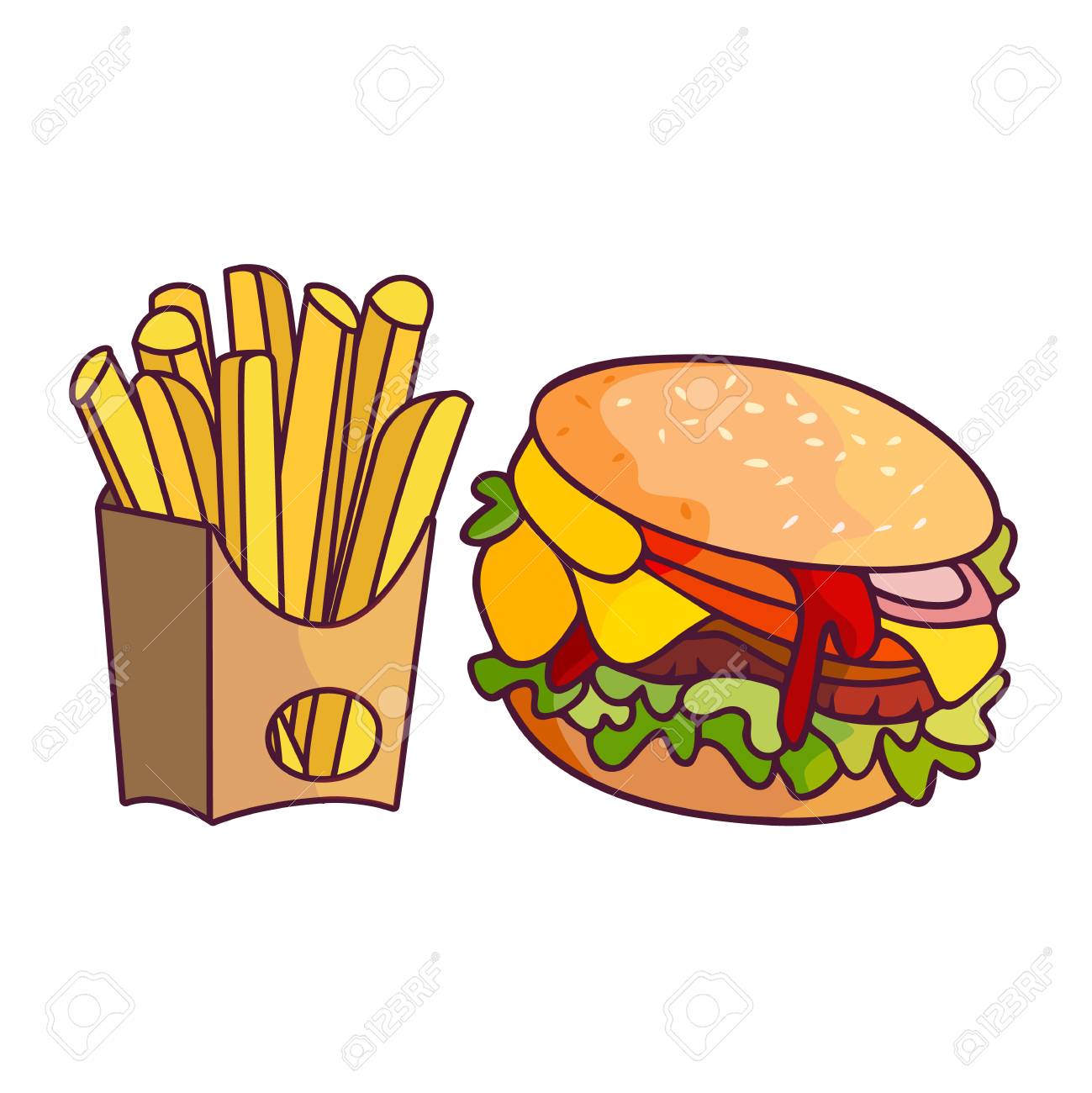 ベクトル サンドイッチ ハンバーガー ポテト フライを設定します ファーストフード フラット漫画は 白い背景の上の図を分離しました 紙箱と野菜の新鮮なハンバーガーにフライド ポテト のイラスト素材 ベクタ Image