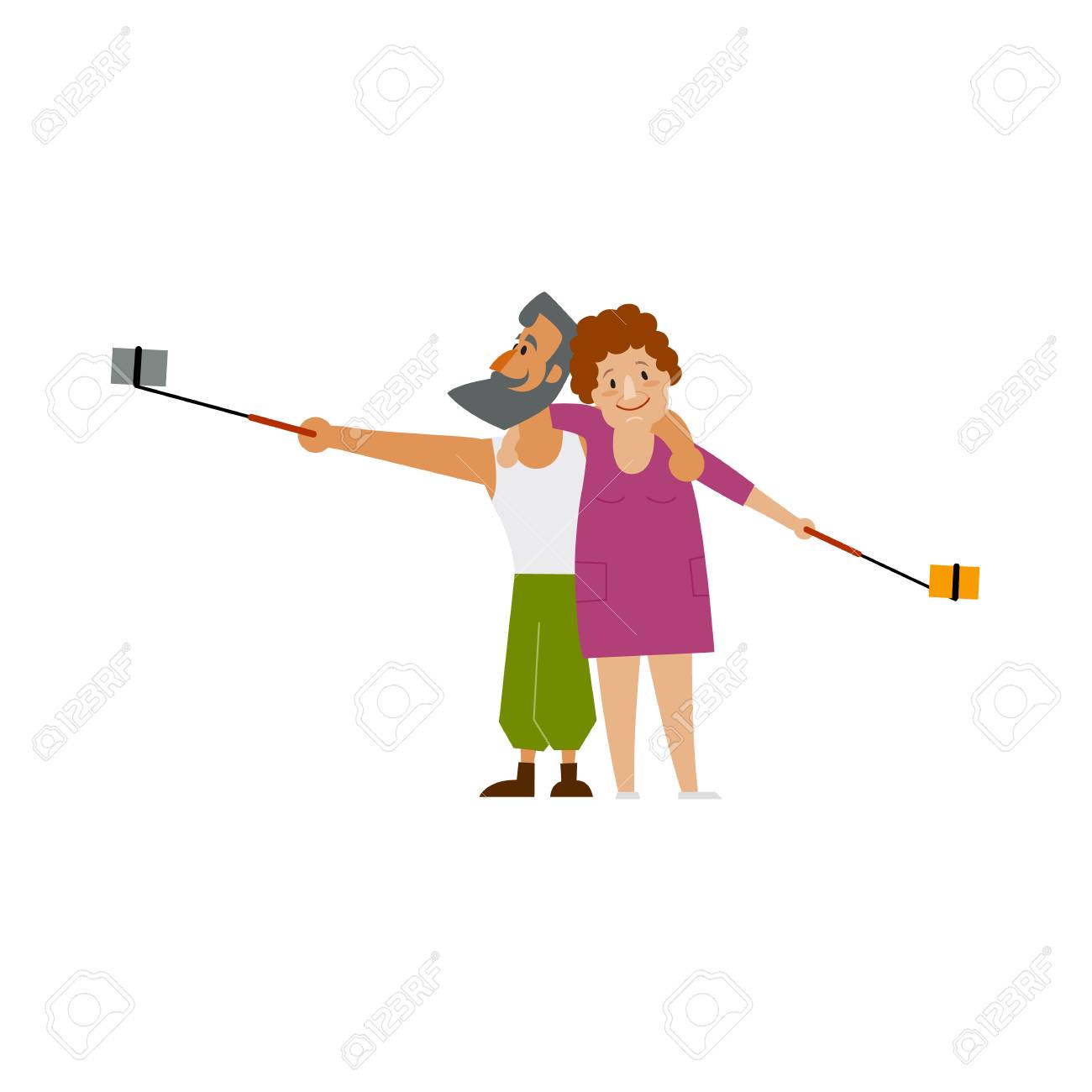 大人のカップルは 髭の男とバカンスでは 携帯電話と一脚 Selfie 肉付きの良い女性フラット スタイル漫画ベクトル イラスト白背景に分離されました 大人のカップル 男性と女性を作る Selfieのイラスト素材 ベクタ Image