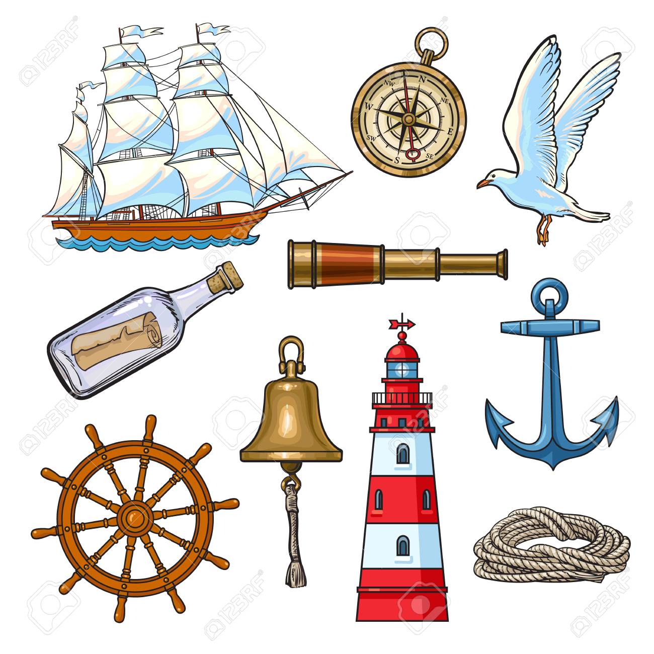 Elementos Nauticos Dos Desenhos Animados Farol Ancora Bussola Navio Corda Volante Gaivota Garrafa De Mensagem Sino Ilustracao Vetorial Isolado No Fundo Branco Conjunto De Elementos Nauticos Dos Desenhos Animados Ilustraciones Vectoriales