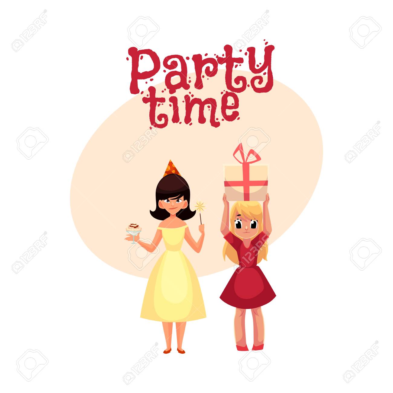 Dos Niñas En La Fiesta De Cumpleaños, Una Traviesa Con Helado Y Varita  Mágica, Otra Con Regalo Grande, Invitación De Estilo De Dibujos Animados,  Pancarta, Póster, Diseño De Tarjetas De Felicitación. Invitación