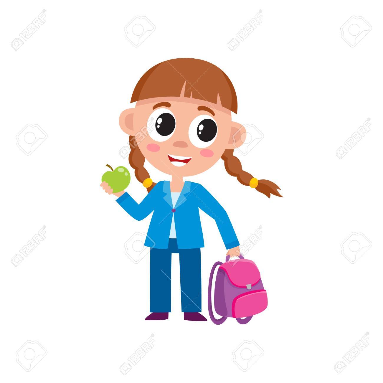 Full Length Portrait Of Cute Little Girl With Backpack Dressed Royalty Free Cliparts Vectors And Stock Illustration Image