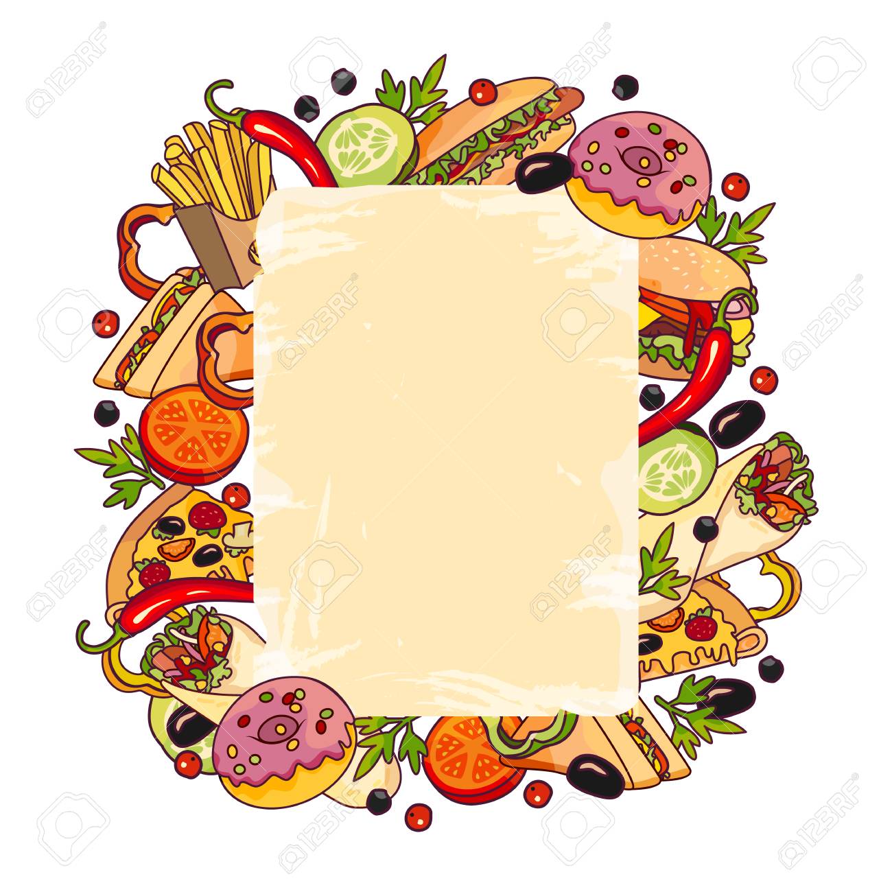 vector fast food template burger pizza slice roll doner kebab
