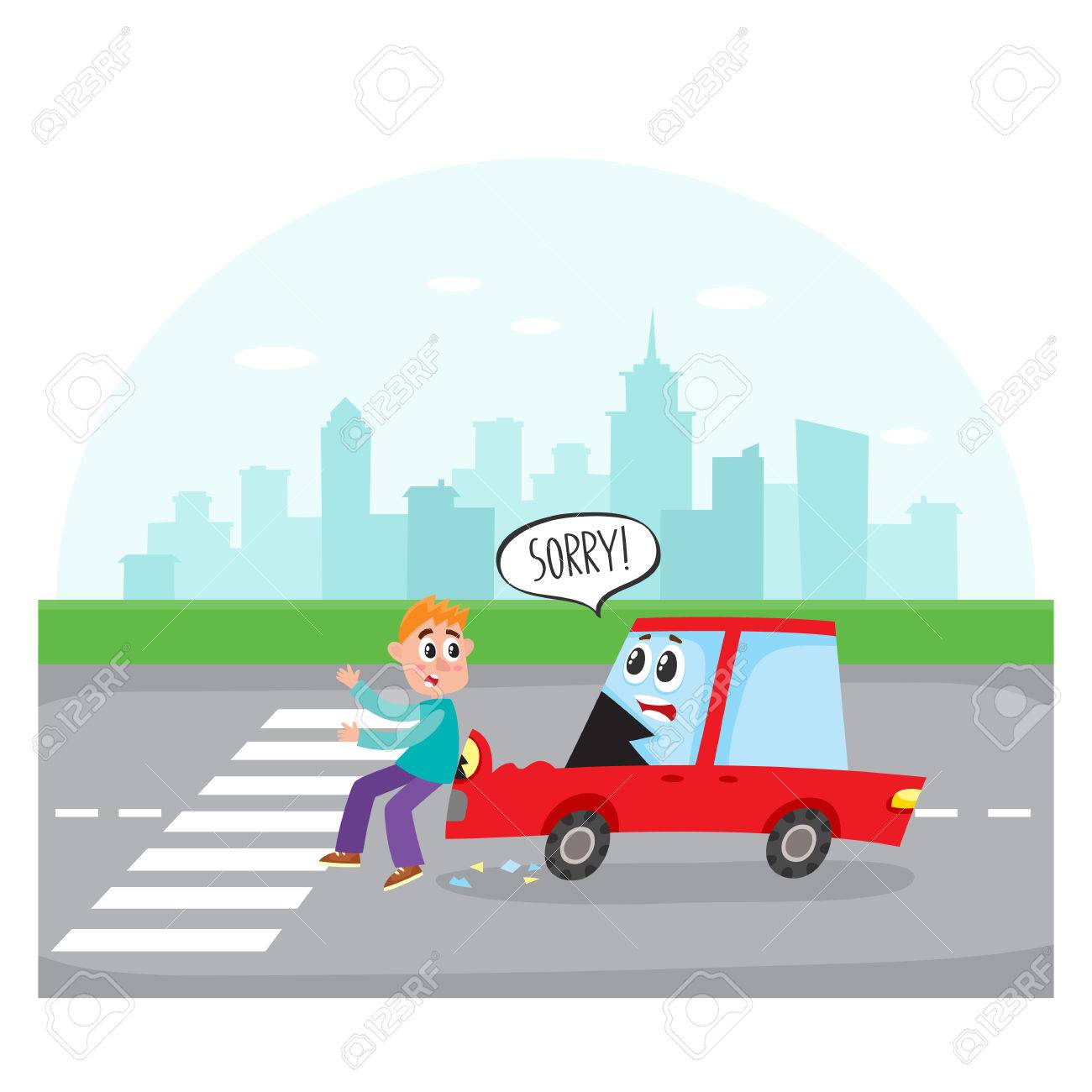 交通事故 人間の顔と車の文字ヒット漫画のベクトル図市路上歩行者 人間の顔と漫画車文字ヒット横断歩道街のイラスト素材 ベクタ Image