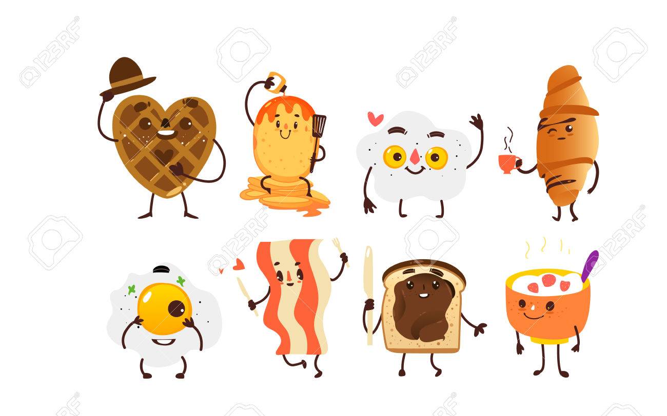 Set Of Breakfast Characters Waffle Toast Croissant Pancake Fried Egg Bacon And Bowl Of Oats Cartoon Vector Illustration Isolated On White Background Set Of Funny Smiling Breakfast Characters Royalty Free Cliparts Set Of Breakfast Characters Waffle Toast Croissant Pancake Fried Egg Bacon And Bowl Of Oats Cartoon Vector Illustration Isolated On White Background Set Of Funny Smiling Breakfast Characters Royalty Free Cliparts
