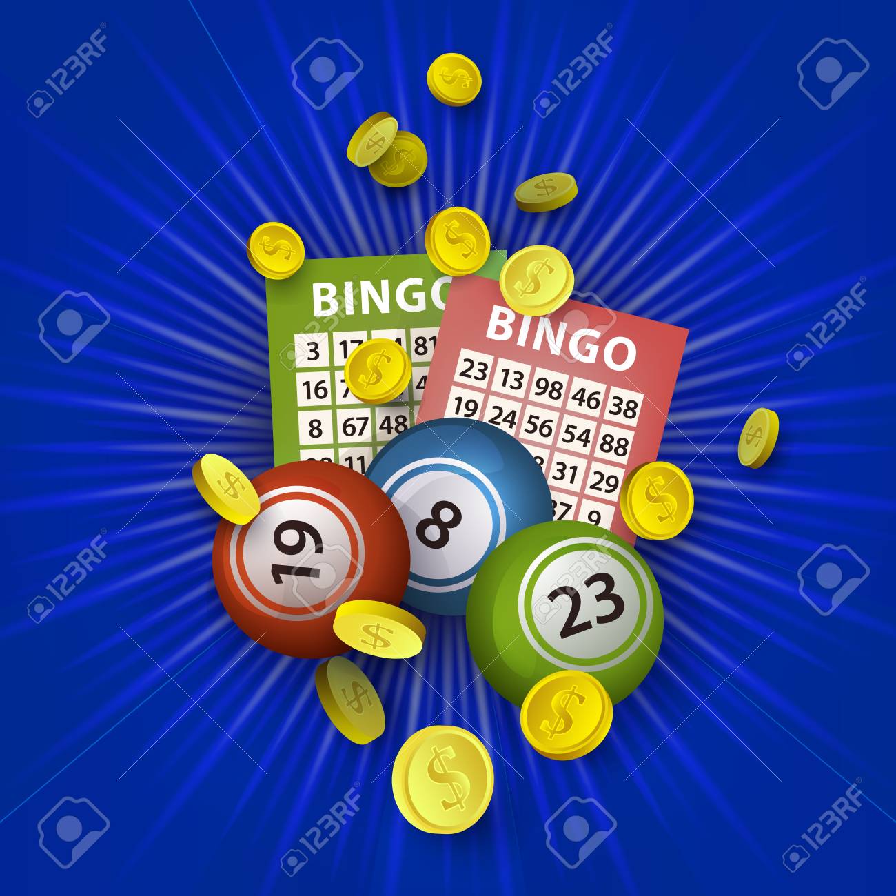 벡터 플랫 빙고 만화 복권 티켓, 로또 키노 대성공 번호 공 및 골든 동전 비가 주위. 파란색 배경에 그림입니다. 이익, 카지노 디자인  포스터의 로그인 로열티 무료 사진, 그림, 이미지 그리고 스톡포토그래피. Image