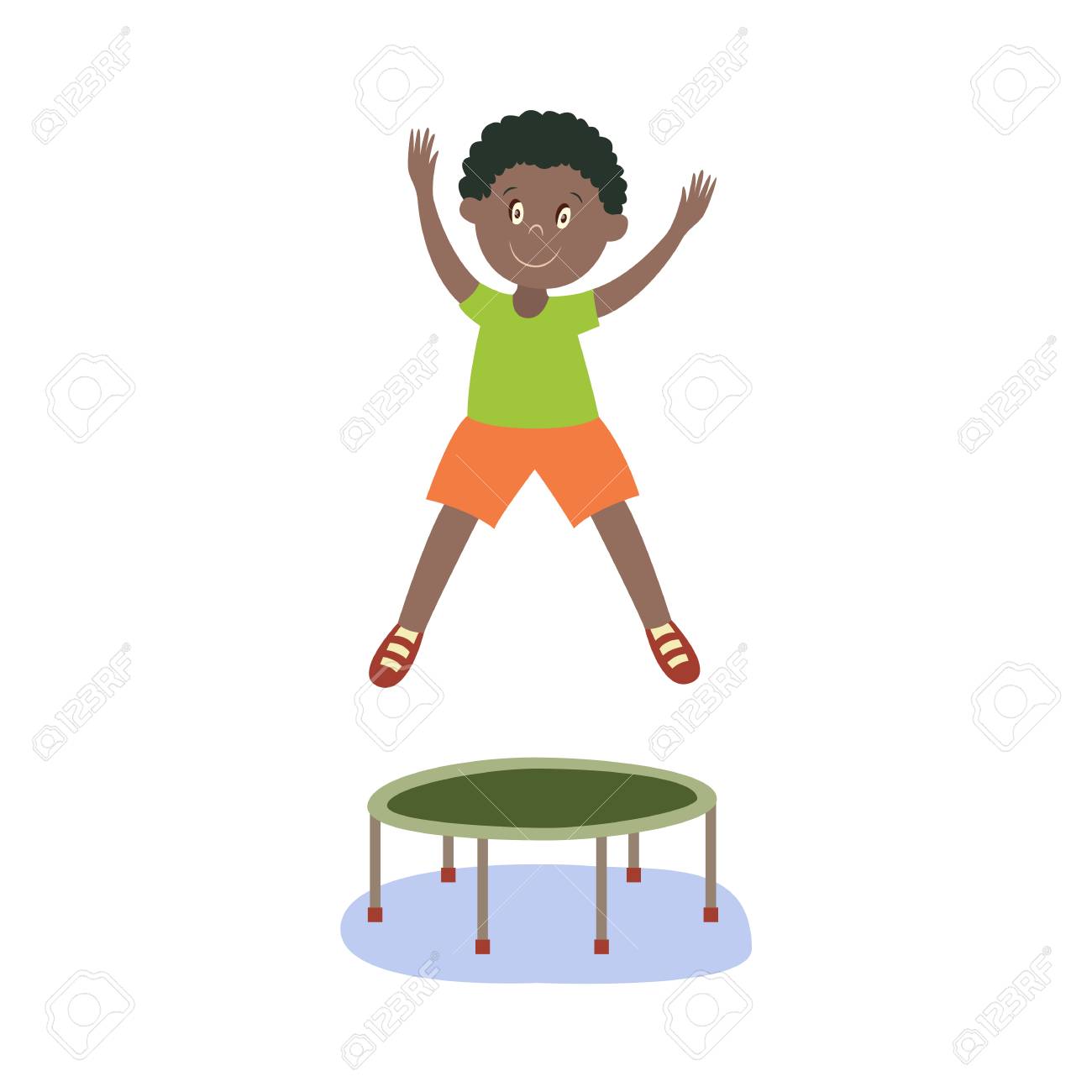 Vector Niño De Niño Negro De Dibujos Plano En Pantalones Cortos De Color Naranja, Camiseta Verde Saltando En Trampolín Feliz. Ilustración Aislada Un Blanco. Concepto De Fiesta De