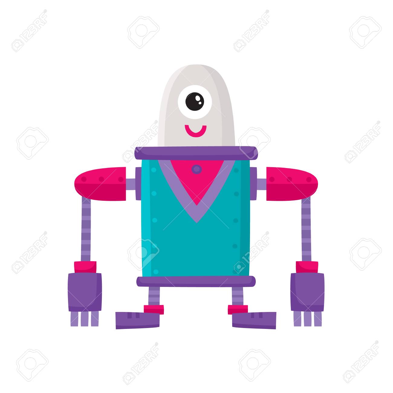 ベクトル フラット漫画面白いのフレンドリーなロボット 1 つの大きな目 長い腕と短い足を持つヒューマノイド キャラクターの大きな笑顔します 白い背景に分離の図 子供は未来です のイラスト素材 ベクタ Image