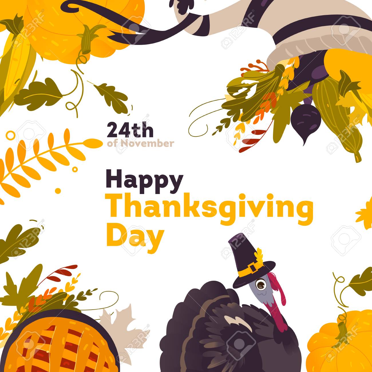 banner frame with thanksgiving symbols turkey pumpkin pie