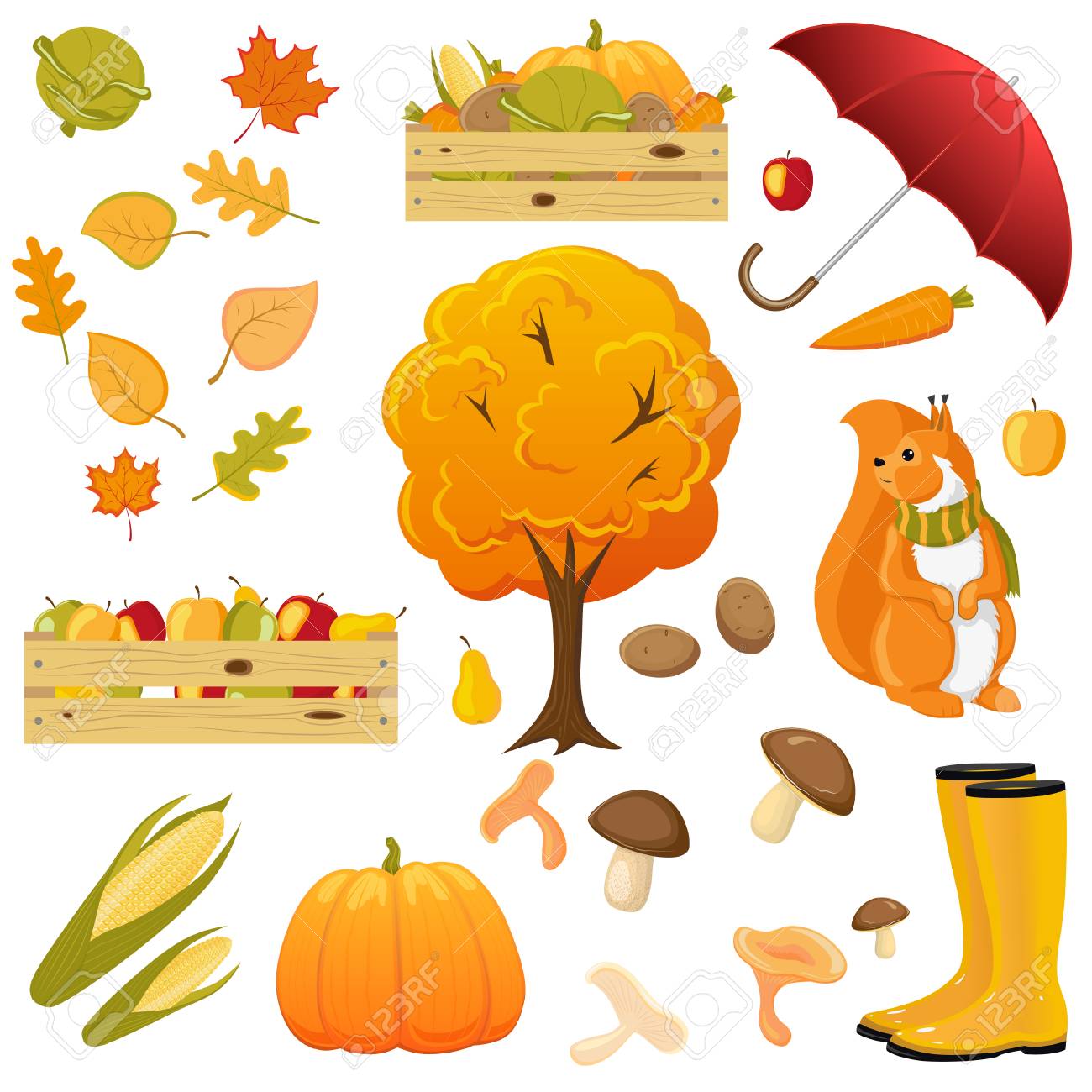 big fall autumn set umbrella rain boots squirrel fruits