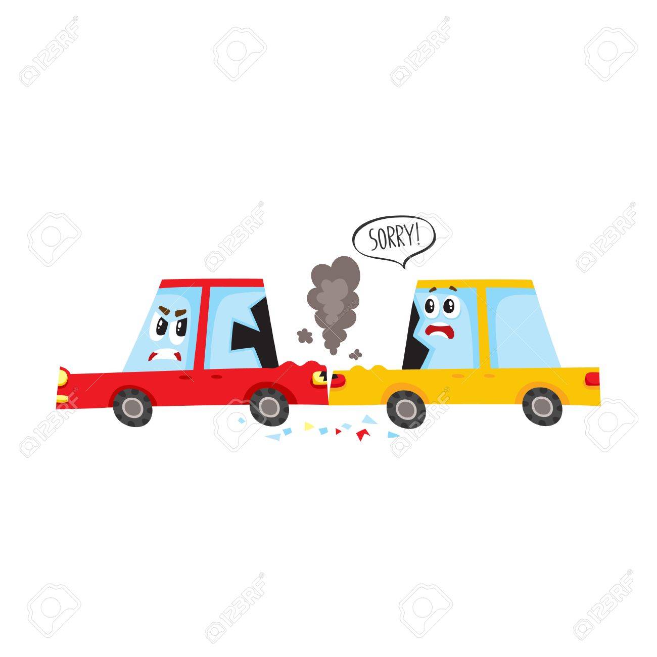Vector Flat Cartoon Car Character With Eyes Crash Accident Royalty Free Cliparts Vectors And Stock Illustration Image