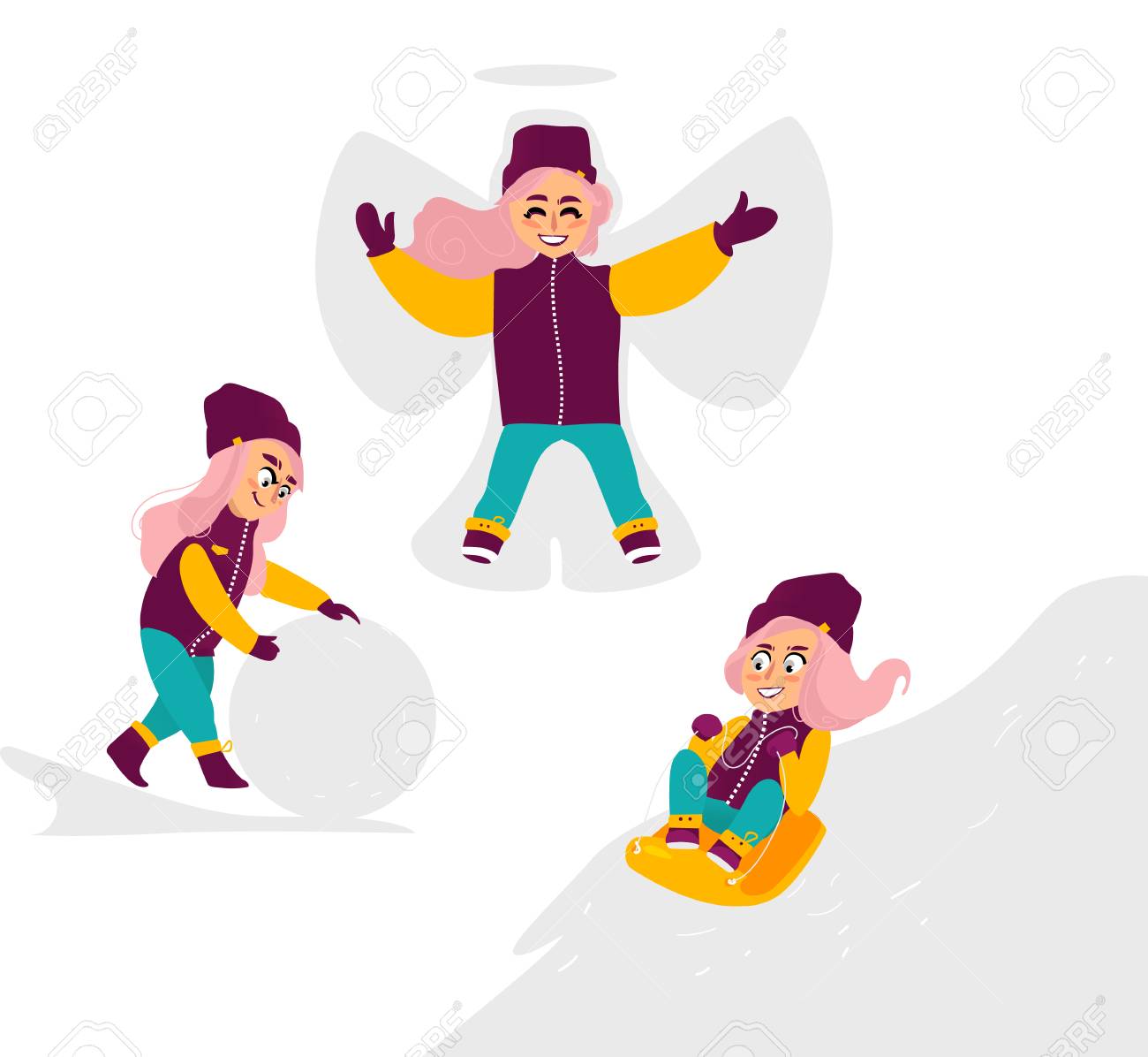 ベクトル少女大きな雪だるま 女の子 Ridinge そり 雪 雪の天使