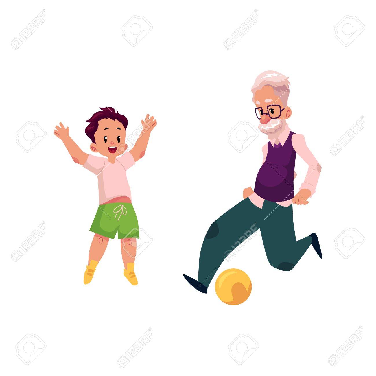 Grandfather, old man playing football with his grandson, teenage boy, cartoon vector illustration isolated on white background. Granddad grandparent and grandson playing football, happy family concept - 87470487 Grandfather, old man playing football with his grandson, teenage boy, cartoon vector illustration isolated on white background. Granddad grandparent and grandson playing football, happy family concept - 87470487