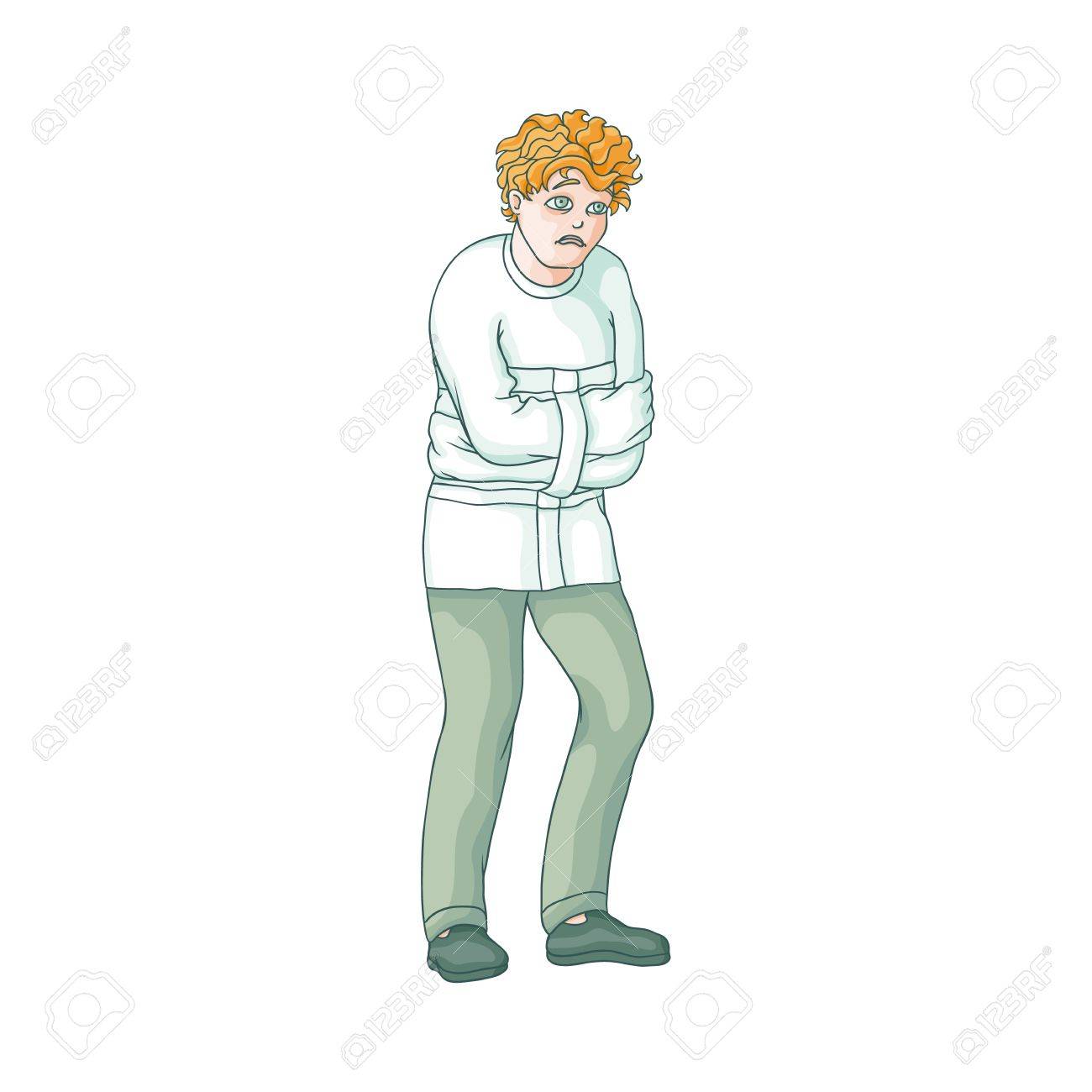Vector Hombre Plano En Hospital Psiquiátrico, Paciente Mental Uniforme Y Camisa De Fuerza Que Sufren De Ansiedad. Ilustración Aislada En Un Fondo Blanco. Concepto De Enfermedad Mental Ilustraciones Svg, Vectoriales, Clip Art Vector Hombre Plano En Hospital Psiquiátrico, Paciente Mental Uniforme Y Camisa De Fuerza Que Sufren De Ansiedad. Ilustración Aislada En Un Fondo Blanco. Concepto De Enfermedad Mental Ilustraciones Svg, Vectoriales, Clip Art