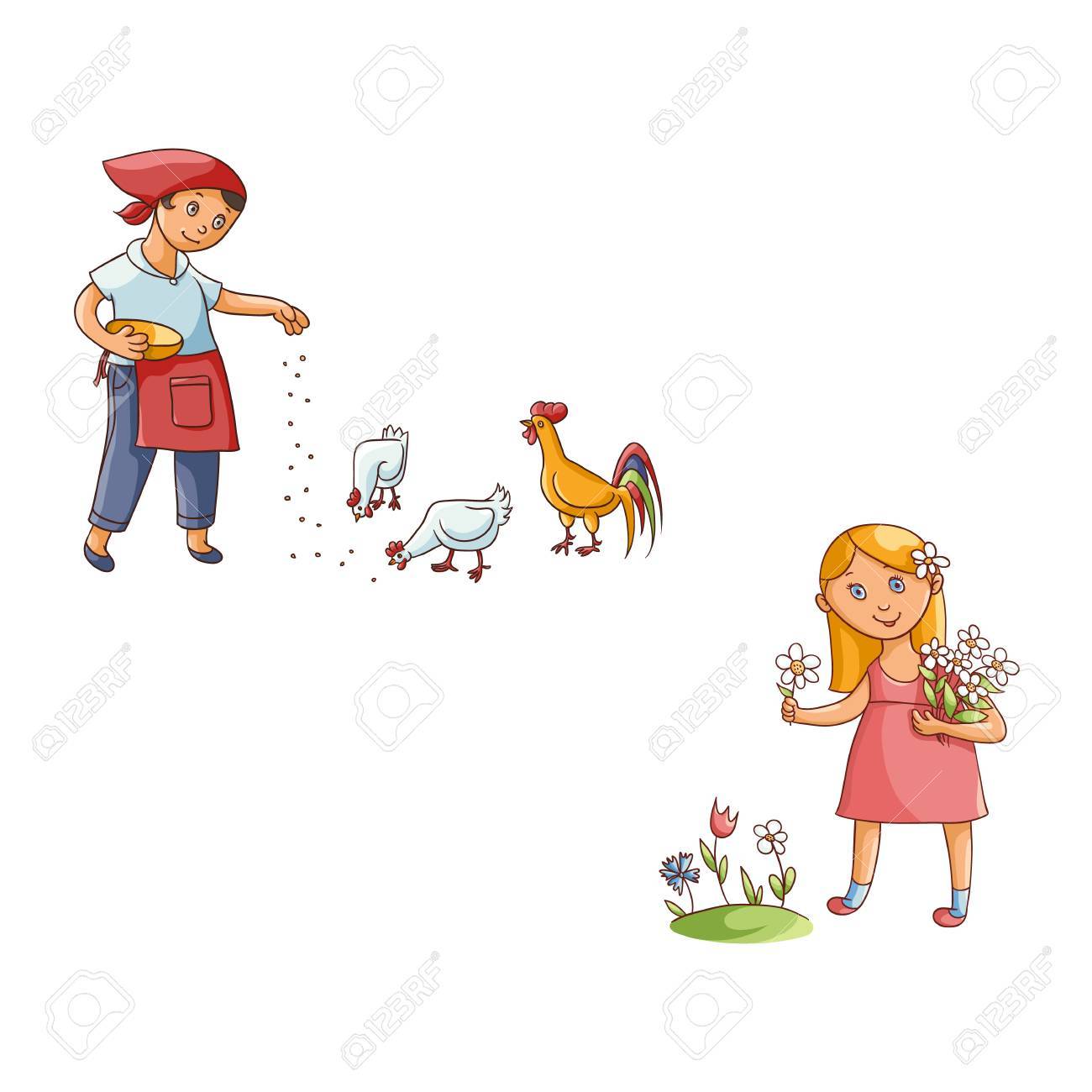 田舎のシーンでベクトルフラット十代の子供たちが設定します 鶏と雄鶏に餌を与える女 牧草地で花を集める女の子 白の背景に独立したイラスト のイラスト素材 ベクタ Image 田舎のシーンでベクトルフラット十代の子供たちが設定します 鶏と雄鶏に餌を与える女 牧草地で花を集める女の子 白の背景に独立したイラスト のイラスト素材 ベクタ Image