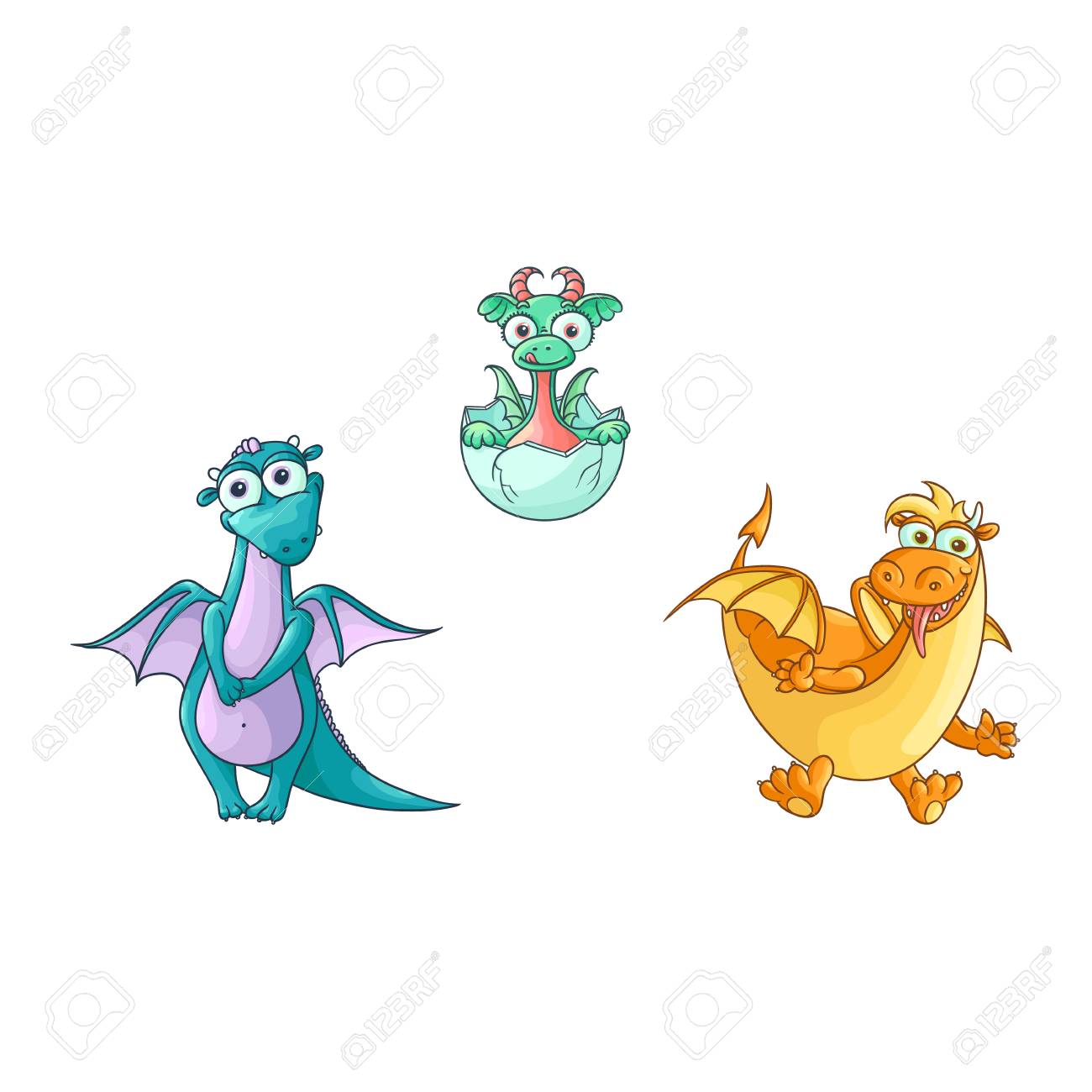 Vecteur Dessin Anime Plat Drole Femelle Et Rouge Adulte Bleu Dragons Matures Avec Des Cornes Et Des Ailes Et Des Eclosions De Bebe De Jeu De Caracteres Dragon Fee Mignonne Oeuf Illustration