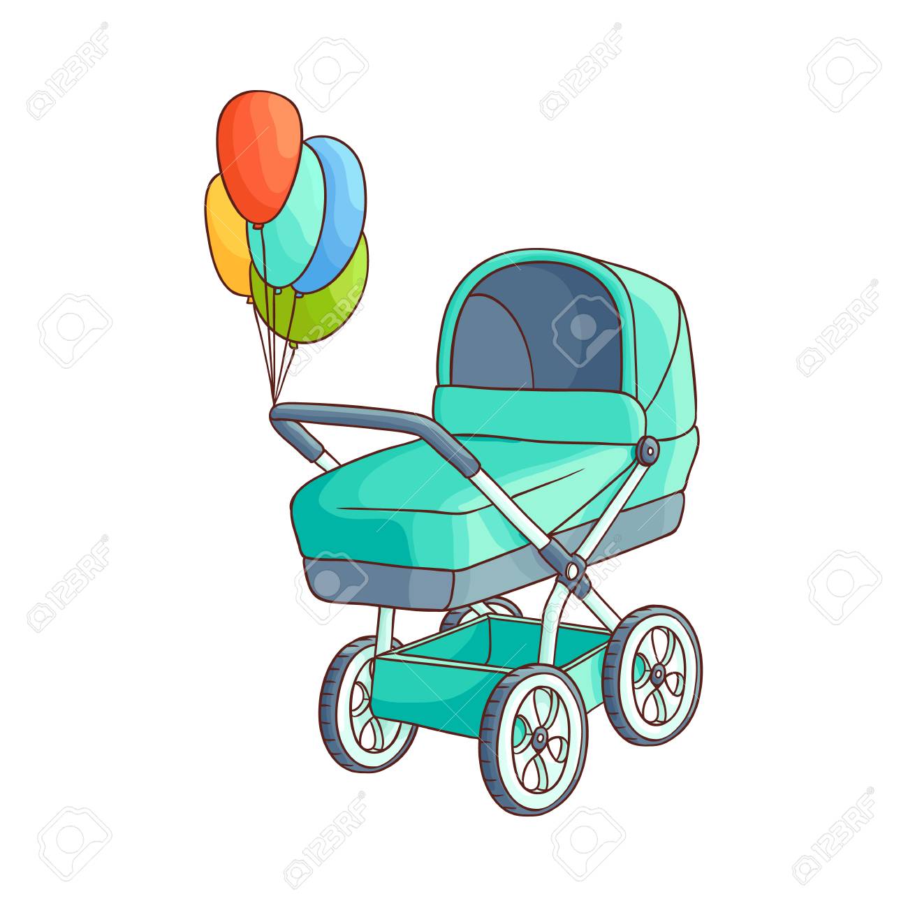 Vector cochecito de bebé o cochecito de dibujos animados plana, cochecito de niño cochecito azul con globos de aire de felicitación. Ilustración Vector cochecito de bebé o cochecito de dibujos animados plana, cochecito de niño cochecito azul con globos de aire de felicitación. Ilustración