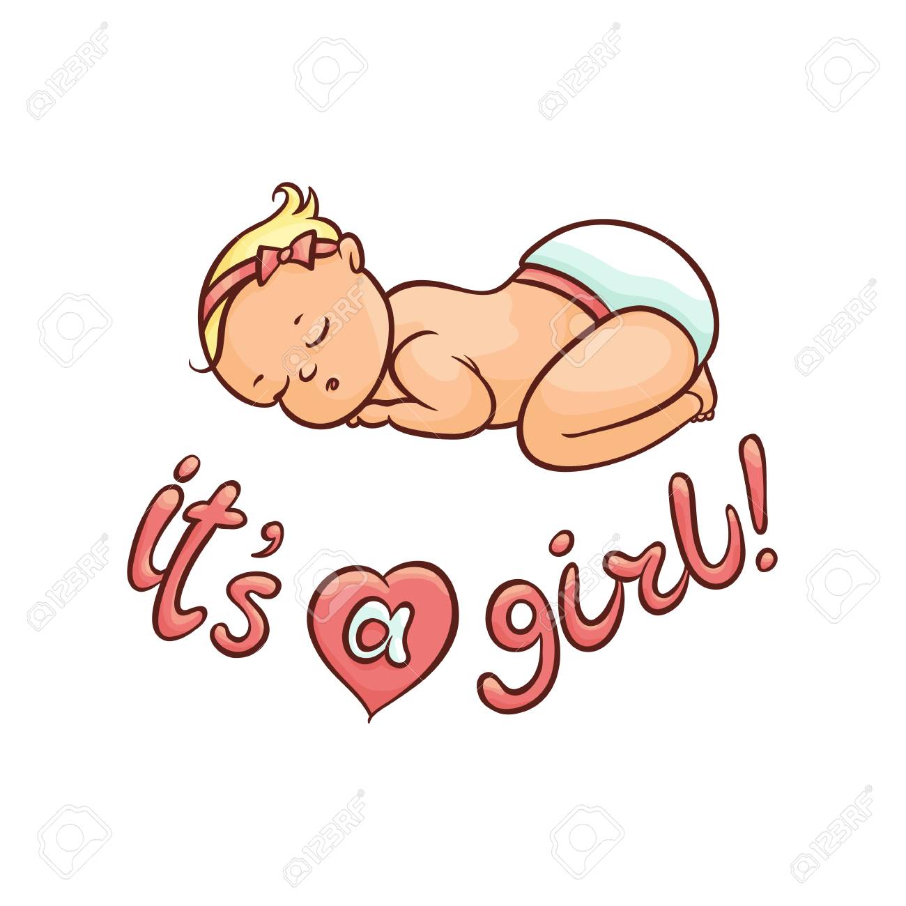 フラット漫画スタイルかわいい乳児新生児男の子幼児おむつをベクトルまたはおむつに横たわって眠っている彼の背中には少女碑文 白い背景に分離の図 のイラスト素材 ベクタ Image