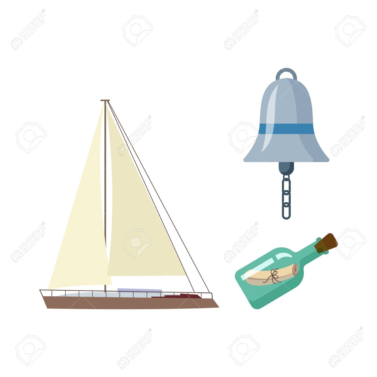 vecotr flat cartoon nautical marine symbols set sailing yacht