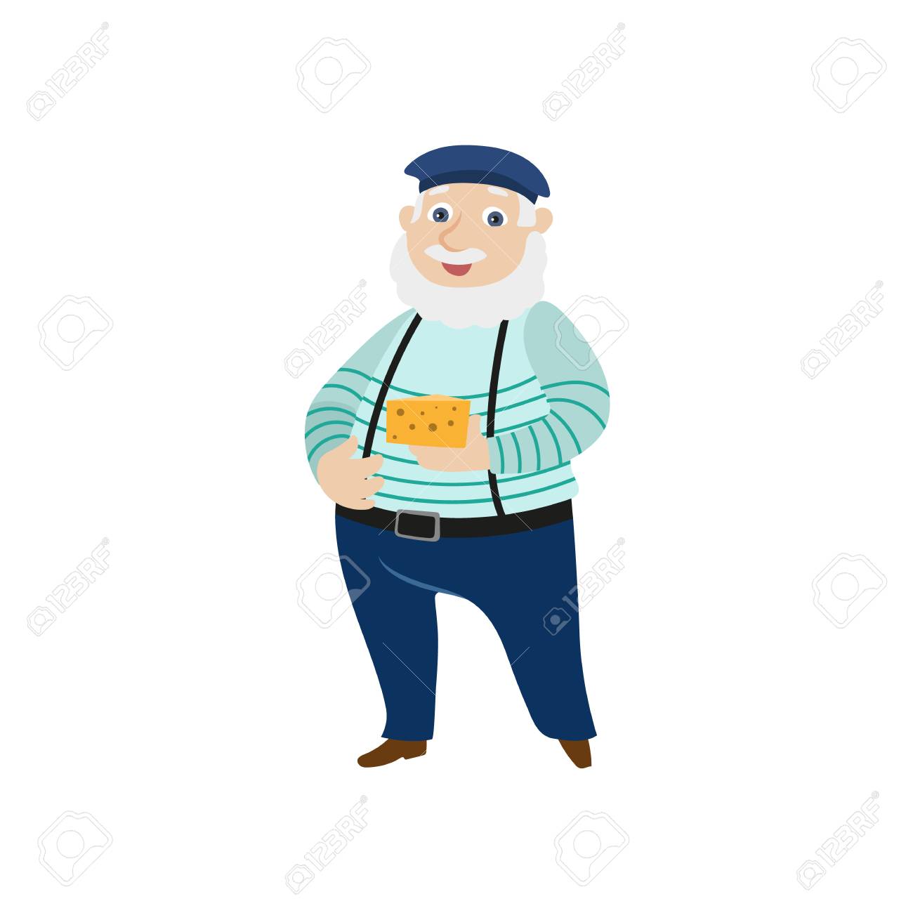 グレー口ひげとあごひげチーズ身に着けているフェルト ベレー帽を保持しているサスペンダーのズボンを持つベクトル フラット漫画男 フランスのパリ風男性 肖像画完全な長さ 孤立した図オナ白背景のイラスト素材 ベクタ Image