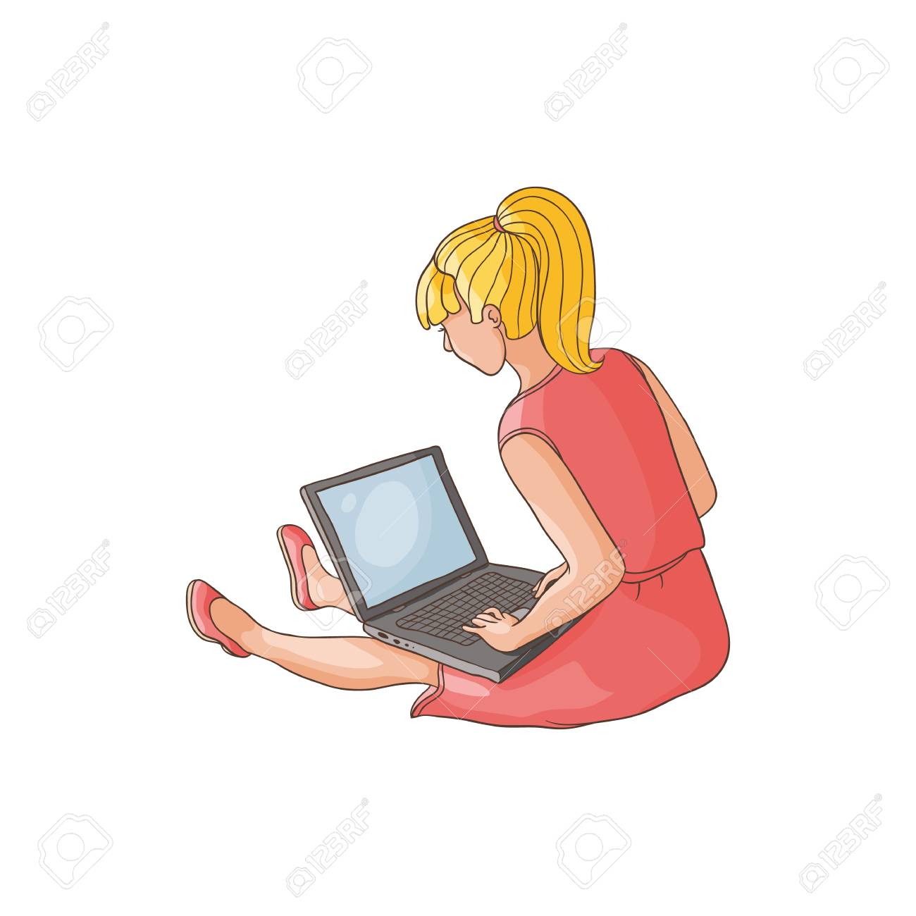 ネット サーフィン ゲーム ラップトップを使用してビデオを見て床に座ってフラット十代の少女をベクトルします 白い背景に分離の図 10 代の若者と現代のデジタル映像技術の概念のイラスト素材 ベクタ Image