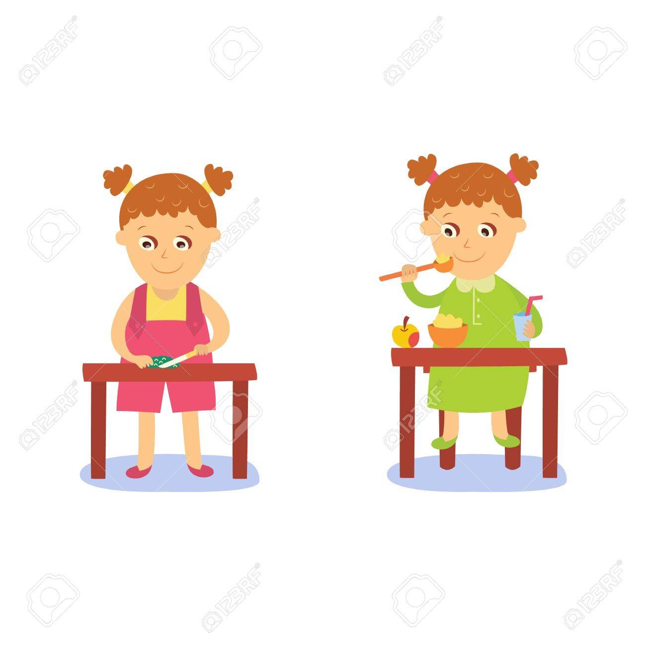 毎日の日常活動を行うベクター フラット女の子子供を設定します 子テーブルでお粥 Ant リンゴを食べて 剥離した野菜御飯 白い背景に分離の図 のイラスト素材 ベクタ Image