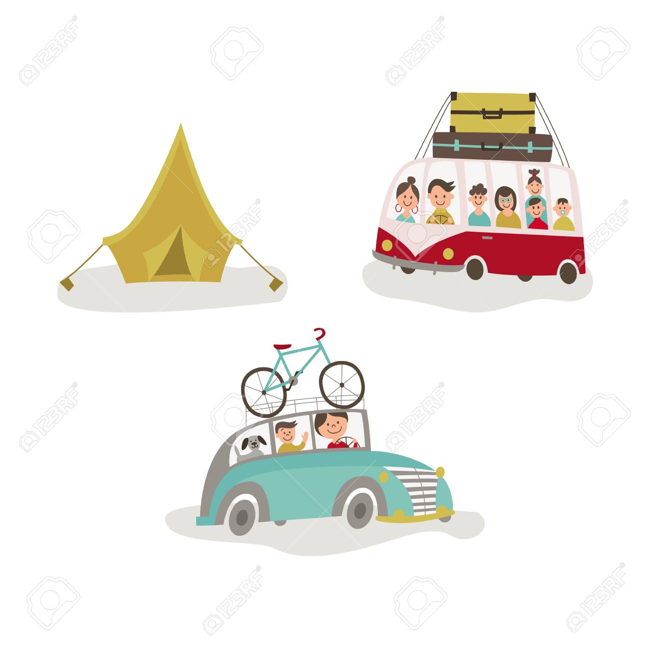 家族の車 屋根 道路の旅行やキャンプの概念 白い背景で隔離のフラット漫画ベクトル図に荷物をバスで旅します 家族の道路の旅 車 バスで訪れる人のイラスト素材 ベクタ Image