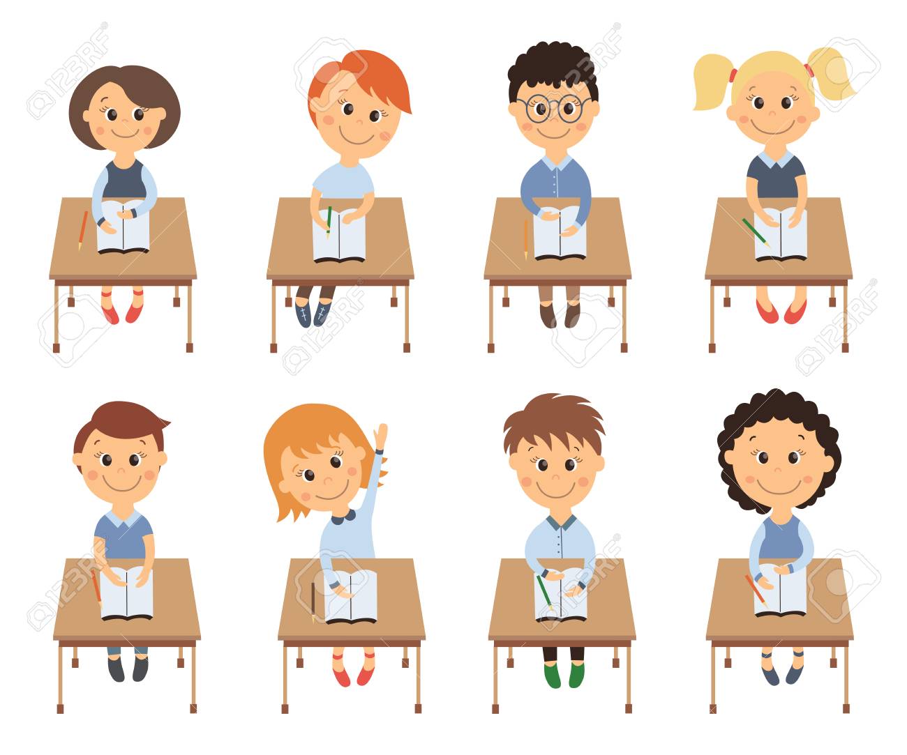 Cute Elementary School Kids In Classroom Sitting At Lesson Flat