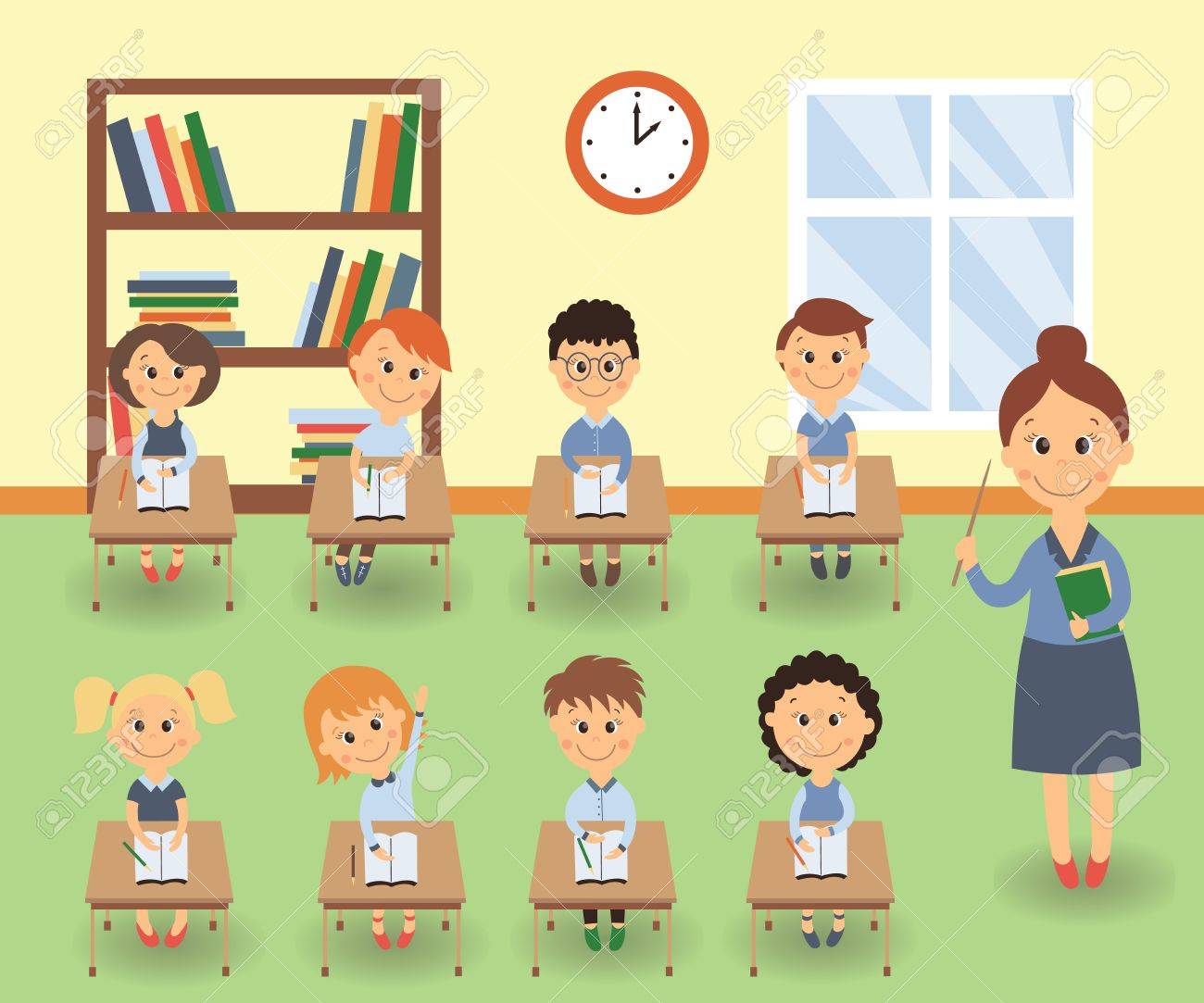 小 小学校 子供を勉強 フラット漫画ベクトル図 クラスを教えている先生のレッスン 小学校では 小学校の教室で子供たちを教える先生 のイラスト素材 ベクタ Image