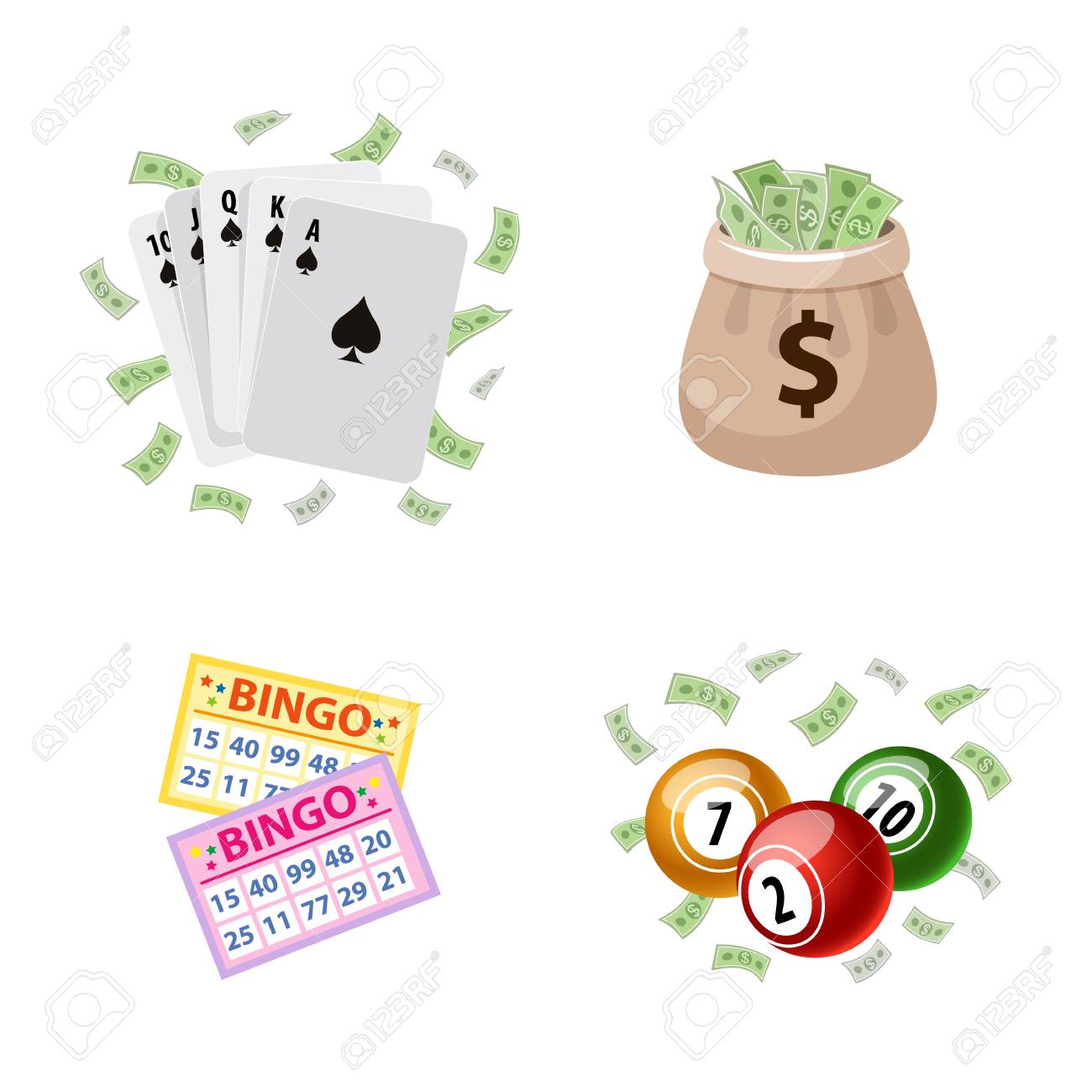 도박 기호 - 빙고 카드 및 술 통, 카드 놀이 및 잭팟 돈 가방, 벡터 일러스트 레이 션 흰색 배경에 고립. 빙고 보드 게임, 로또  카드 및 통, 카드 놀이, 대성공돈 로열티