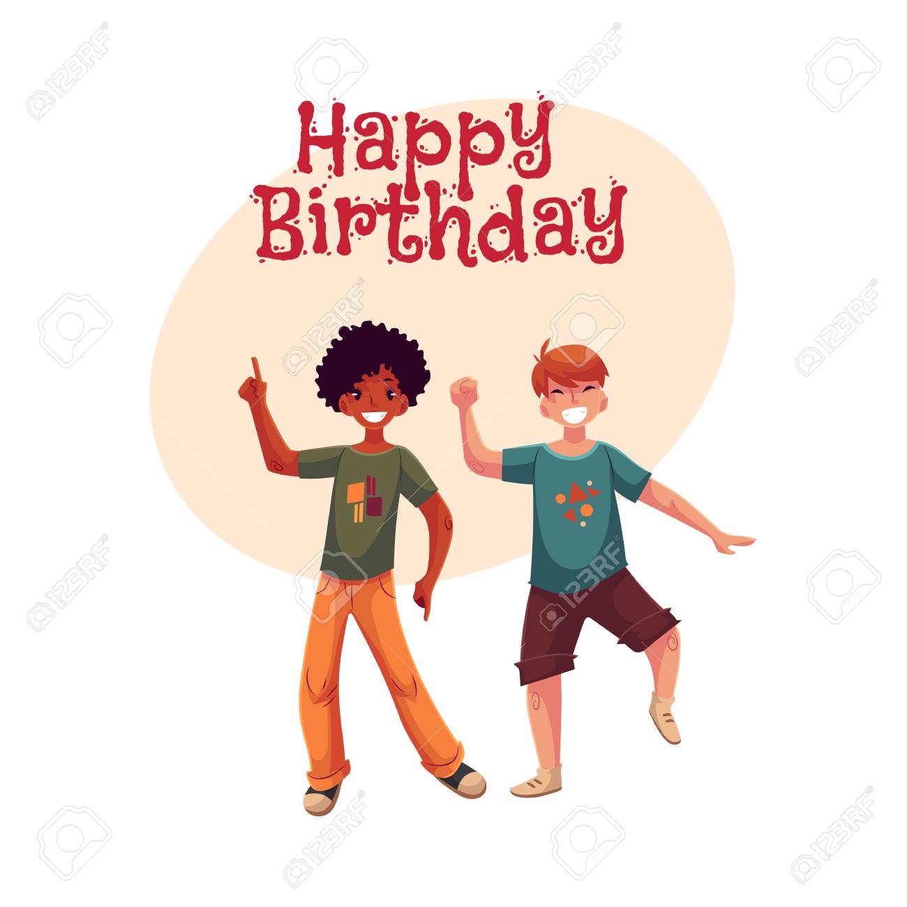 Carte De Voeux Joyeux Anniversaire Vecteur Affiche Conception De La Banniere Avec Les Garcons Noirs Et Caucasiens Les Enfants Les Amis S Amuser Danser A La Fete Heureux Garcons Dansant Sautant A Un