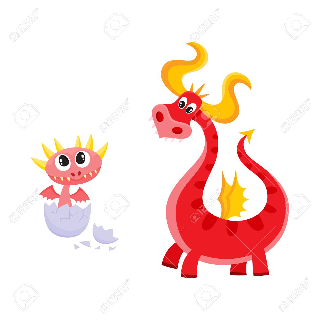 Vecteur Plat Dessin Anime Drole Rouge Adulte Dragon Mature Avec Des Cornes Et Des Ailes Et Petit Bebe Dragon Mignon Eclosant De L Oeuf Jeu De Caracteres De Fee Illustration Isolee Sur Fond