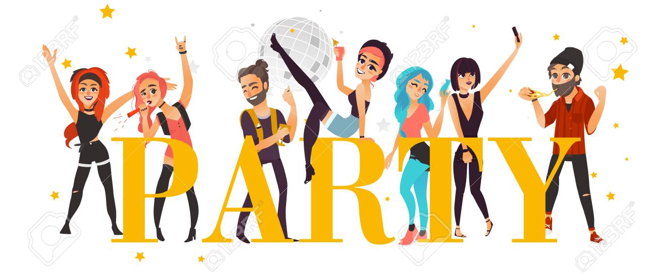 Bandeira Do Partido Cartaz Com Os Amigos Que Tem O Divertimento No Clube No Disco Ilustracao Lisa Do Vetor Dos Desenhos Animados Isolada No Fundo Branco Jovens Meninos Meninas Tendo Ventilador E