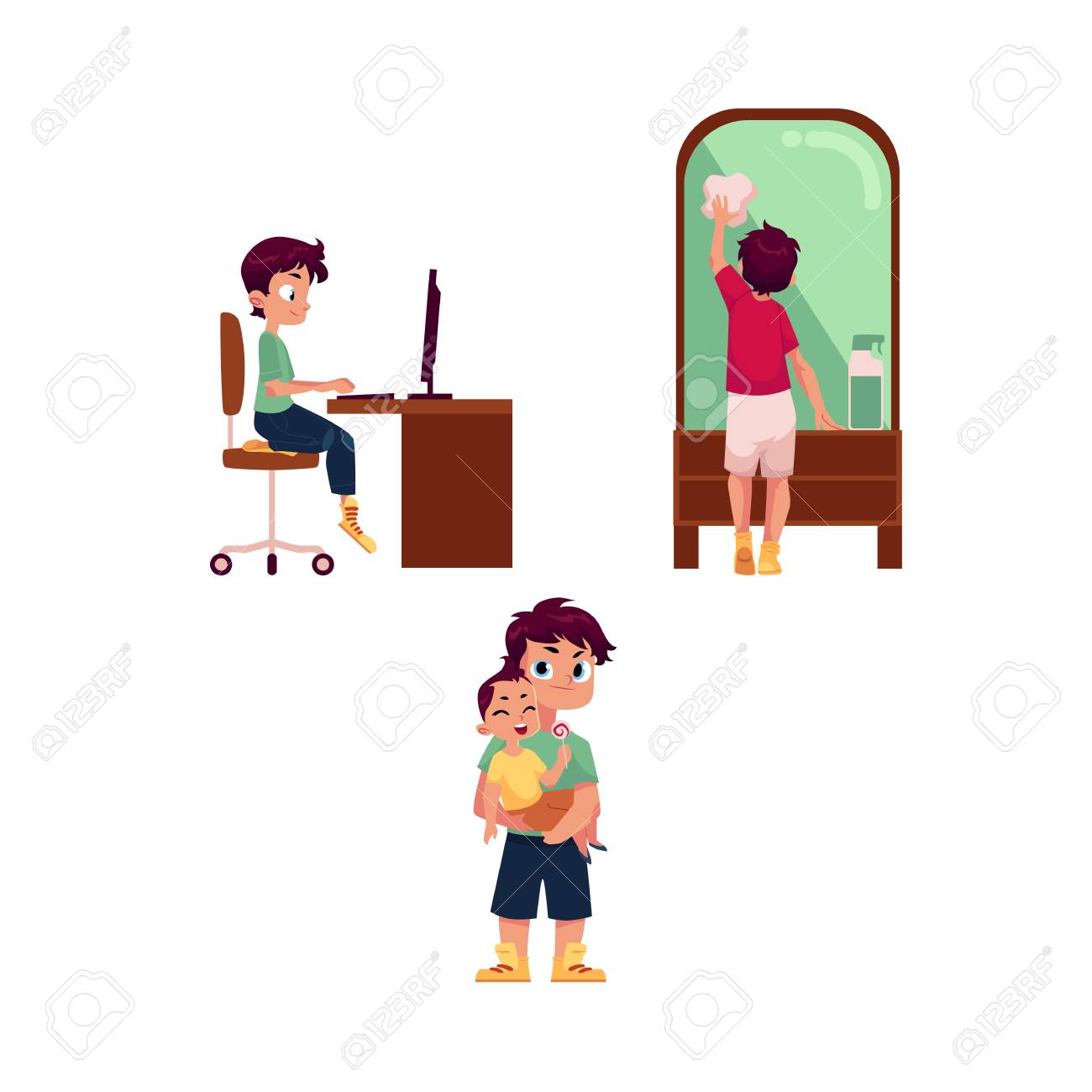 vector vector flat cartoon teen boy kid doing household chores cleaning big mirror by rag doing homework sitting at computer desk taking care of