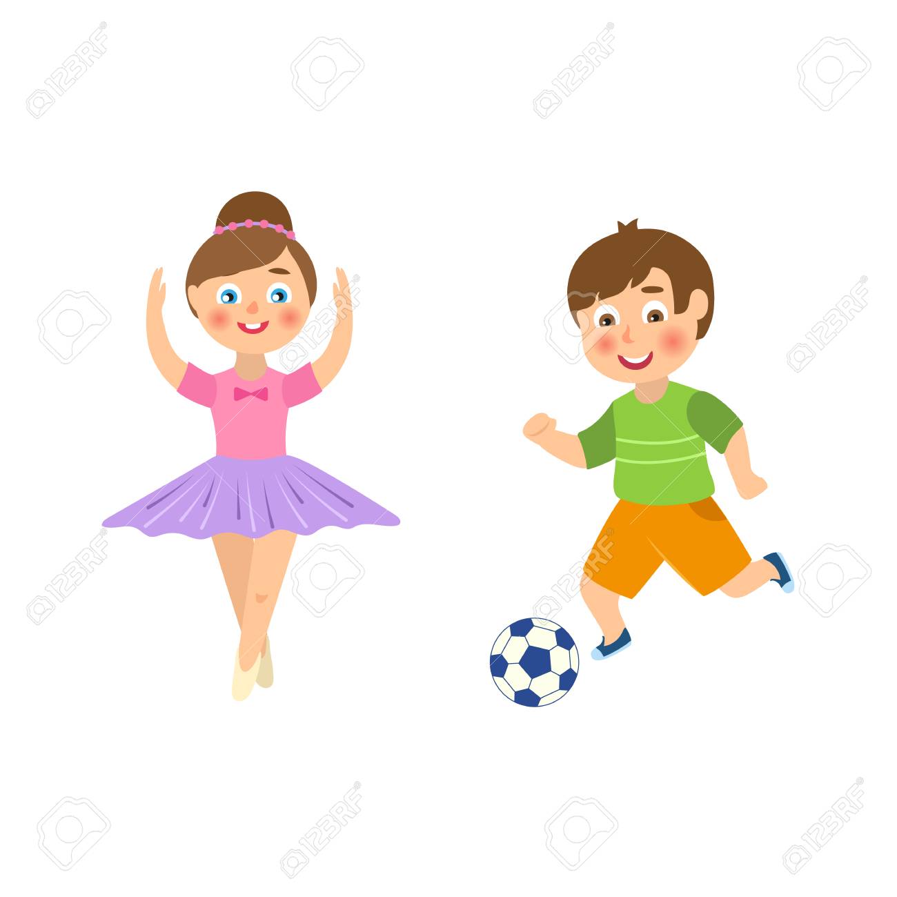 Vecteur Plat Dessin Animé Drôle Jeune Garçon Adolescent Jouant Au Football Ensemble De Danseuse De Ballet De Fille Homme Personnage Féminin