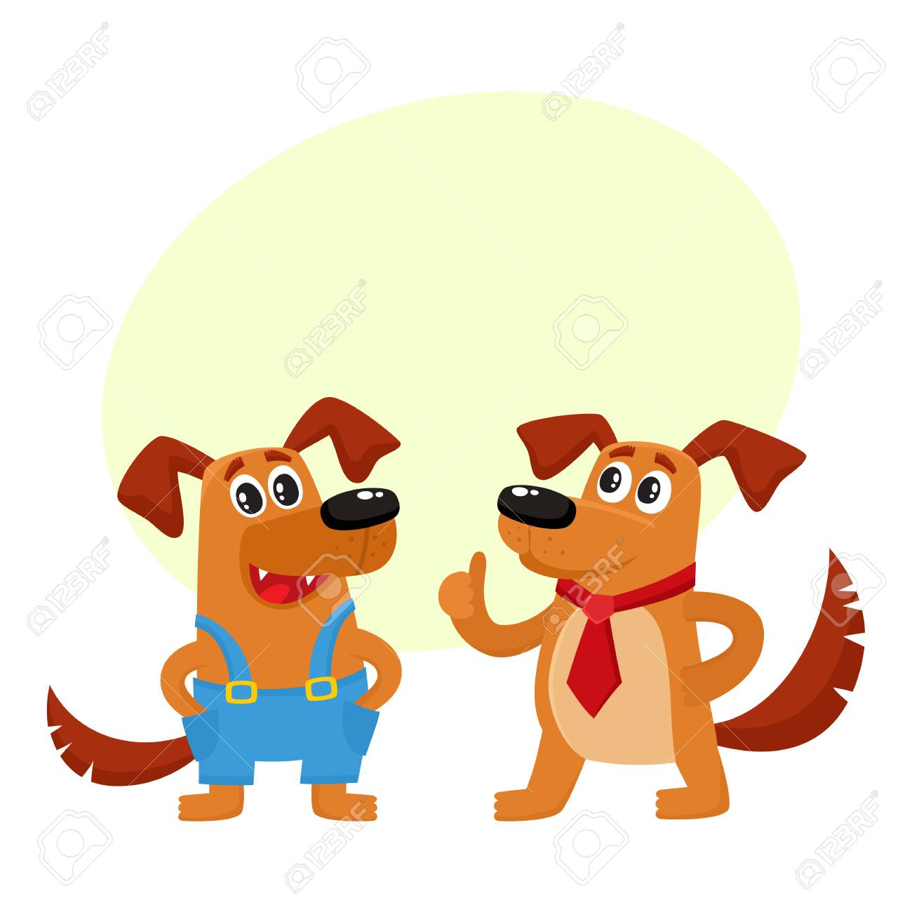 Deux Personnages Drôles De Chien Marron Mignon Un En Blouse Bleue Une Autre Cravate Montrant Le Pouce Vers Le Haut Illustration De Vecteur De