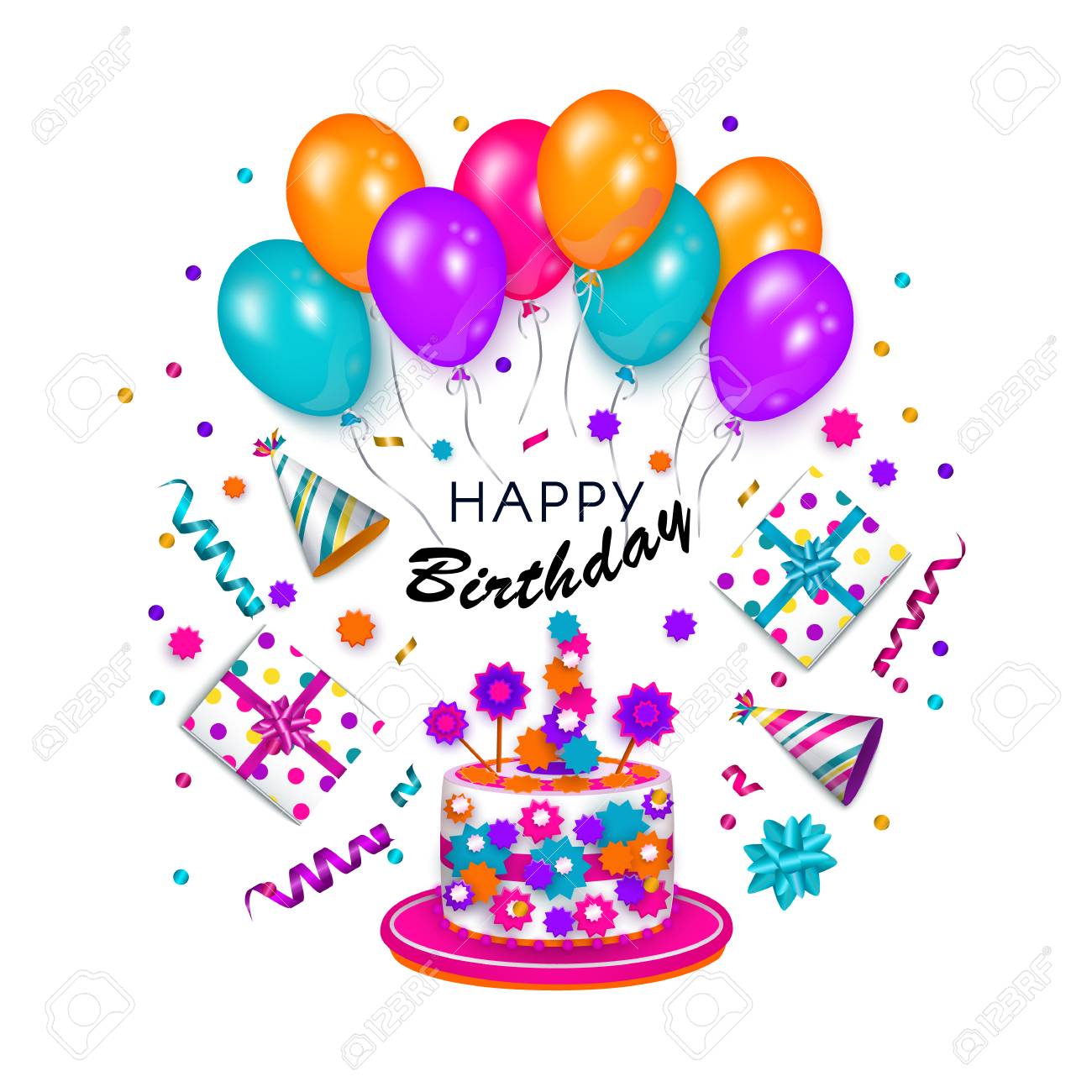 Happy Birthday Greeting Card Banner Poster With Realistic Cake