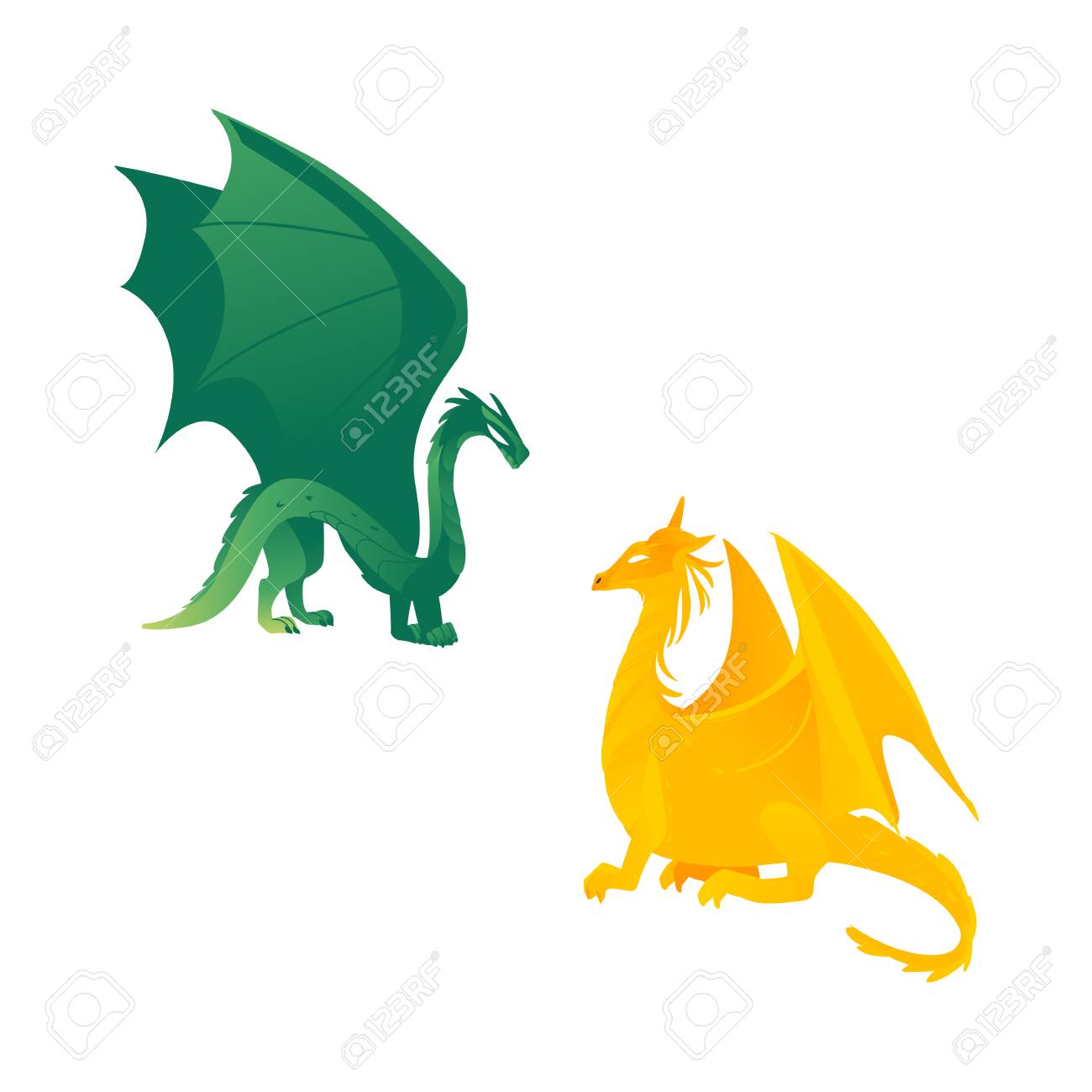 飛龍架空文字 神話上の生き物 白い背景で隔離側面フラット ベクトル図のカップル 緑と黄色のドラゴンの翼と長い尾を持つ生き物 のイラスト素材 ベクタ Image